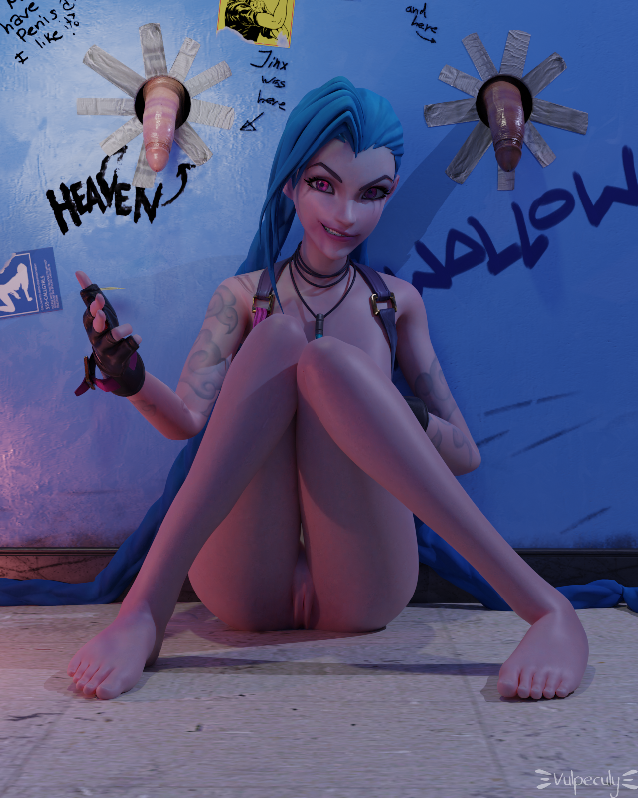 1girls, 2boys, 3d, 3d (artwork), ass, blender, blue hair, exposed pussy, female, glory hole, happy, jinx (league of legends), league of legends, lipstick, lipstick mark, lipstick on penis, looking at viewer, male, marker, naked, partially clothed, penis, purple eyes, pussy, runny makeup, selfie, sitting on floor, smile, solo, vulpeculy