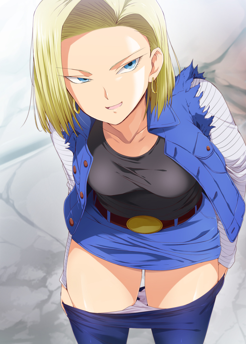 1girls, 2d, android 18, ass, belt, blonde hair, blue eyes, breasts, dragon ball, dragon ball z, female, female only, hand on ass, legs, panties, panties down, pants, pants down, panty pull, pantyhose pull, skirt, smile, smiling, solo, teasing, thighs, undressing