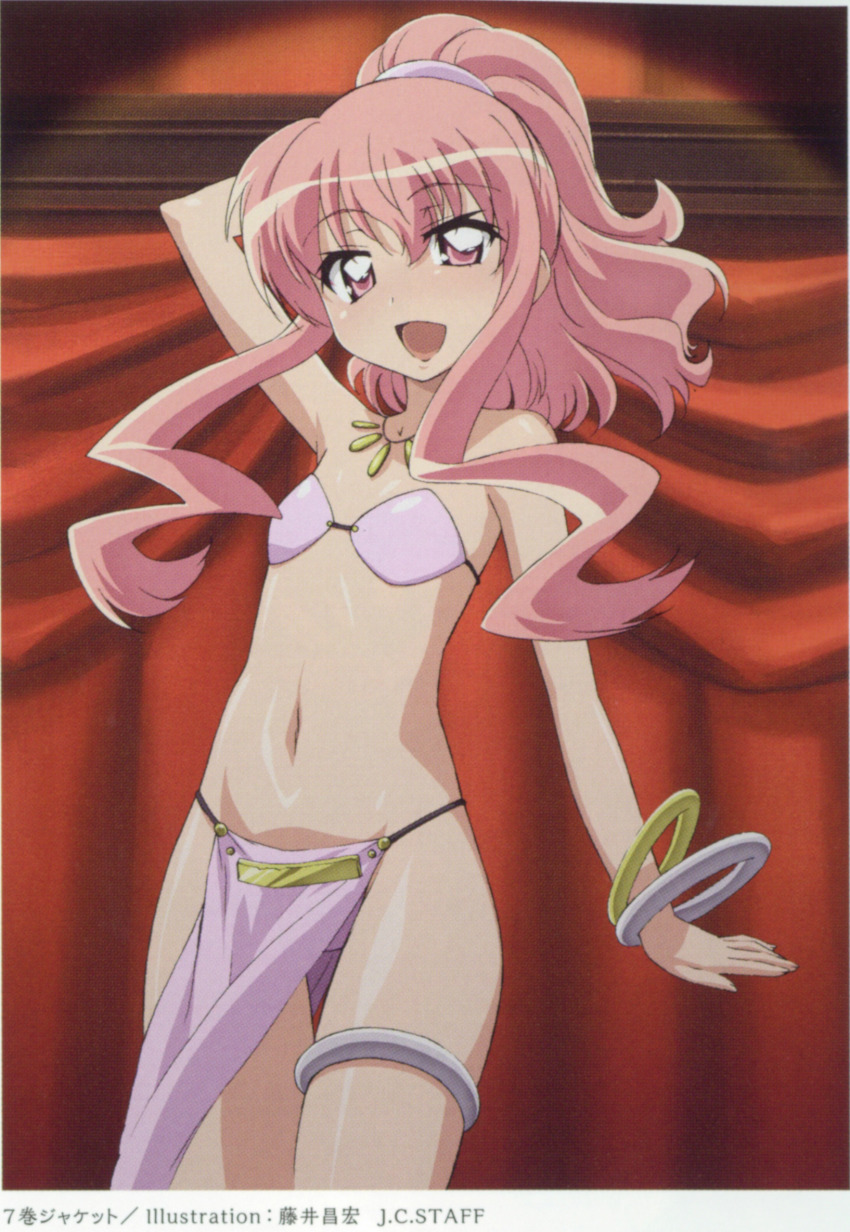 arabian clothes, belly dancer, belly dancing, bracelet, clothing, collar, female, flat chest, fuji masahiro, harem outfit, highres, jewelry, looking at viewer, louise francoise le blanc de la valliere, navel, official art, pink hair, scan, zero no tsukaima