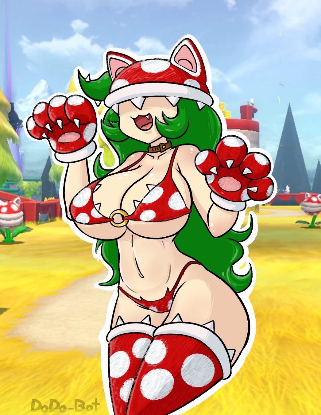 1girls, bowser's fury, breasts, cat ears, cat girl, catgirl, cleavage, dodo-bot, female, female only, gloves, green hair, human, humanized, large breasts, long hair, mario (series), pale skin, piranha plant, piranha plant girl, solo, standing, super mario 3d world, thick thighs, thighhighs, wide hips