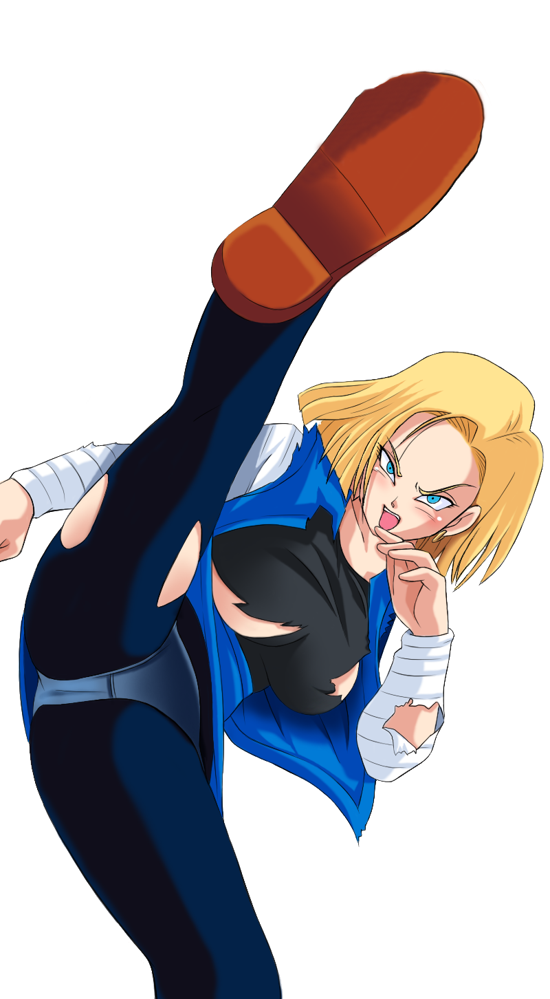 1girls android_18 big_breasts blonde_hair blue_eyes blue_panties breasts dragon_ball dragon_ball_z female female_only jacket open_mouth panties pantyshot raburebo shirt shoes short_hair skirt solo spread_legs torn_clothes upskirt