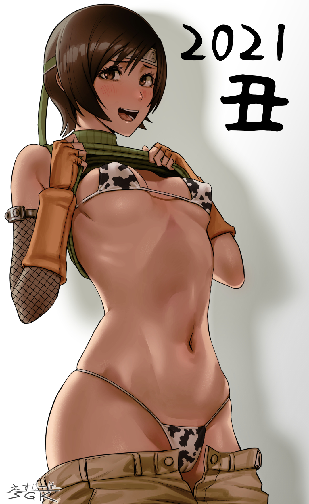 2021, armwear, belly, breasts, brown eyes, cameltoe, cow print, cow print bikini, cow print thong, erect nipples, female, female focus, female only, final fantasy, final fantasy vii, fingerless gloves, fishnet armwear, gloves, looking at viewer, navel, nipple bulge, nipples, pussy, sgk, short hair, shorts down, shorts pull, simple background, solo, solo female, solo focus, stomach, top lift, topwear, topwear lift, yuffie kisaragi