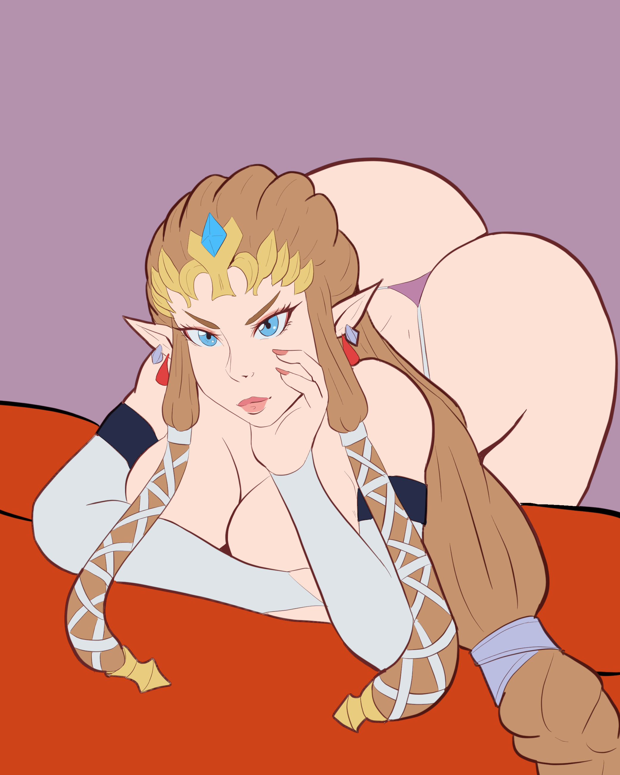 1girls, ass, big ass, blue eyes, breasts, brown hair, cleavage, covered nipples, covering breasts, earrings, female, frown, large breasts, leaning forward, lipstick, long hair, looking at viewer, nexgen69, nintendo, princess zelda, smirk, solo, the legend of zelda, thong, topless, twilight princess, zelda (twilight princess)