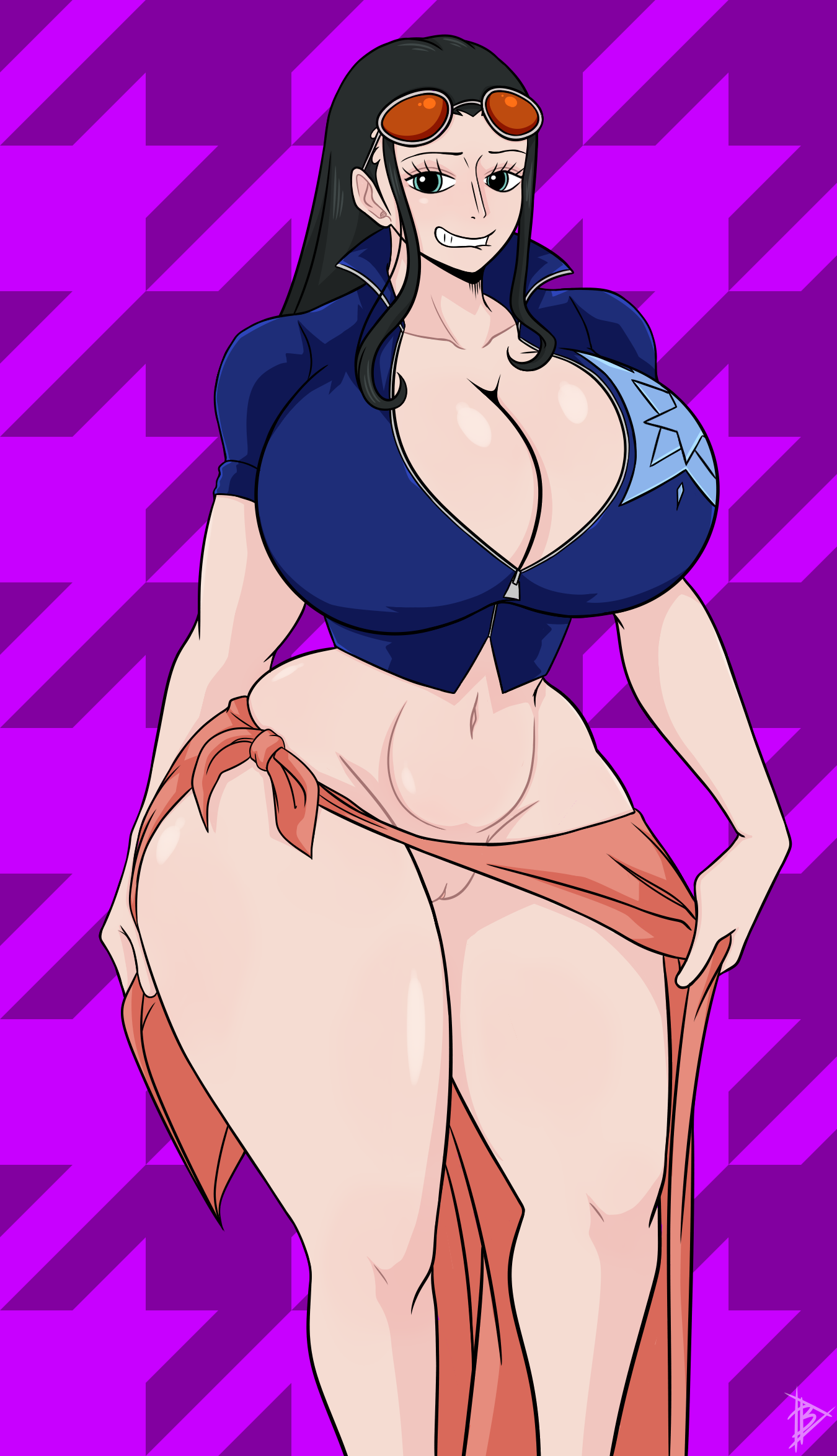 1girls, bermuda art, biting lip, breasts, eyewear on head, female, female only, flashing, glasses on head, huge breasts, navel, nico robin, one piece, pussy, sarong, sunglasses on head, thick thighs