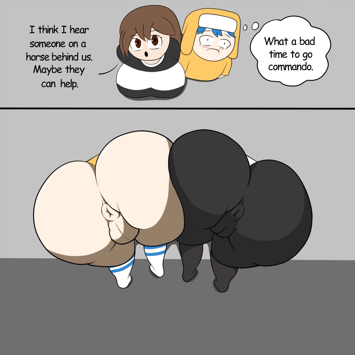 1boy, blue hair, both sexes in same situation, bottomless, brown hair, daidus, dialogue, emily sim, emirichu, female, going commando, leggings, male, scarecorrode, socks, stuck, stuck in wall, stuck together, text, thought bubble, youtube, youtuber