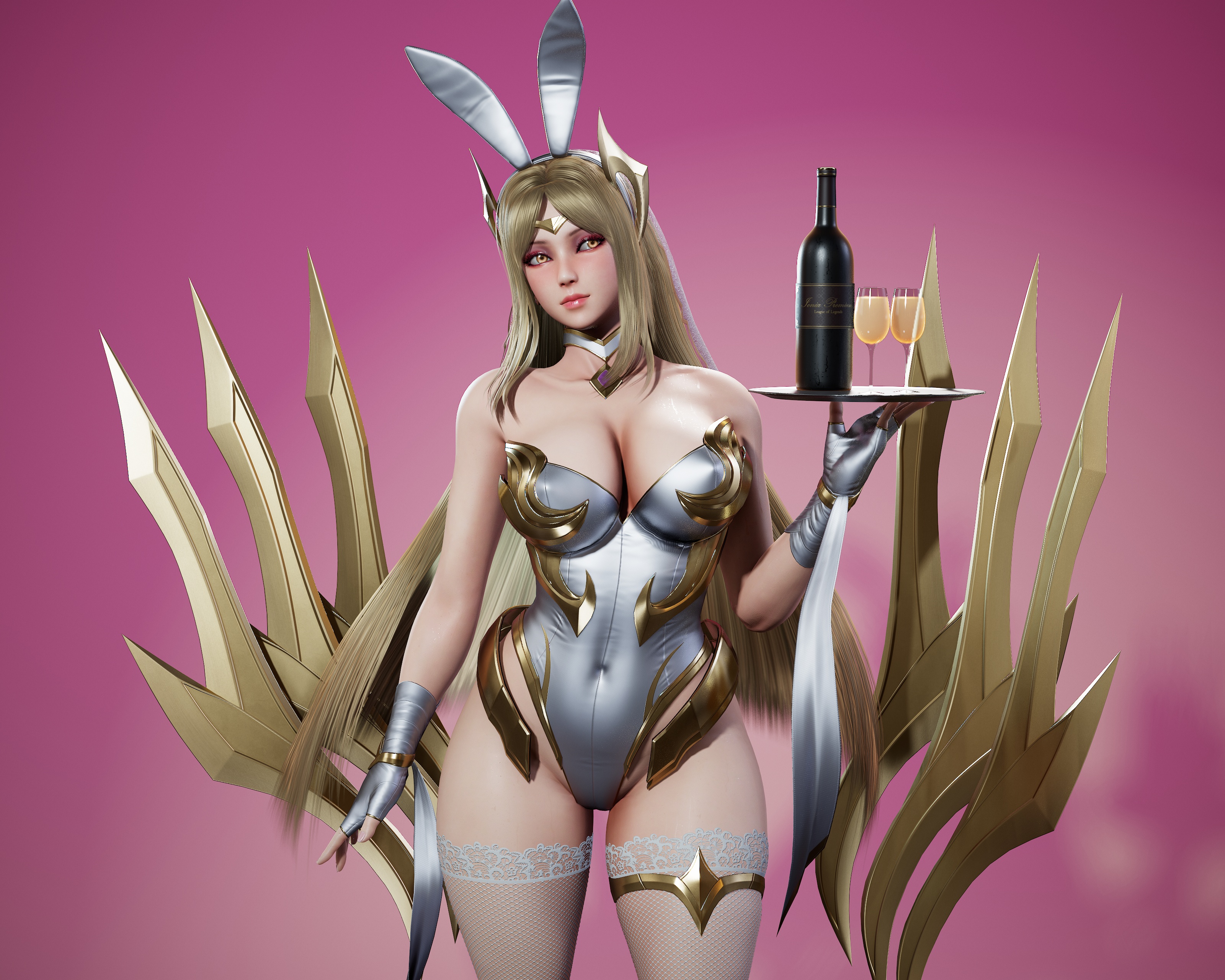 3d, battle bunny irelia, big breasts, blonde hair, breasts, bunny ears, bunny girl, bunnysuit, choker, cleavage, female, female only, highres, irelia xan, league of legends, long hair, ryanreos, thick thighs, thighhighs, thighs, yellow eyes