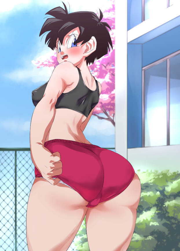 1girls ass ass_focus black_hair bloomers blush buruma buruma_pull dragon_ball dragon_ball_z gym_shorts looking_back rom short_hair shounen_jump solo sports_bra teenager videl