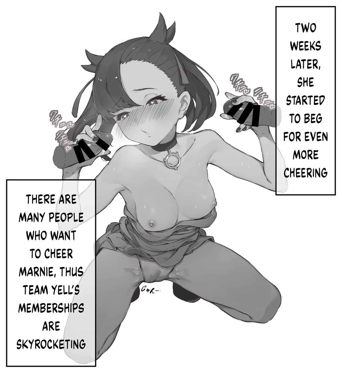 1girls, 2boys, blush, censored, double handjob, female, gangbang, handjob, heart-shaped pupils, hypnosis, kneeling, kotoribako, looking at penis, male, marnie (pokemon), monochrome, nigiri usagi, nintendo, penis, pokemon, pokemon ss, sweat, text