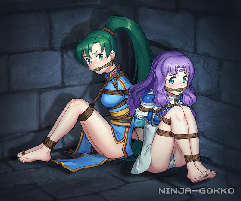 bondage bound_arms bound_toes bound_together bound_wrists captured crying crying_with_eyes_open female femsub fire_emblem fire_emblem:_the_blazing_blade florina_(fire_emblem) gag gagged lyn_(fire_emblem) lyndis_(fire_emblem) multiple_girls multiple_subs ninja ninja-gokko panties pantyshot ponytail rope upskirt white_panties