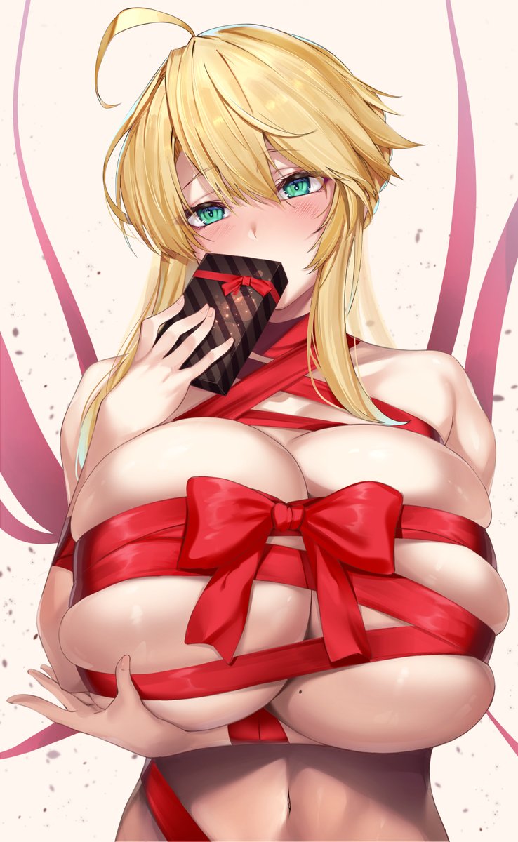 1girls ahoge aqua_eyes arm_under_breasts artoria_pendragon artoria_pendragon_(lancer) big_breasts blonde_hair blush box_of_chocolates breasts breasts_bigger_than_head chocolate eyebrows eyebrows_visible_through_hair fate/grand_order fate_(series) female female_only gift highres hirasawa_seiji huge_breasts looking_at_viewer mole mole_on_breast naked_ribbon repost ribbon solo solo_female upper_body