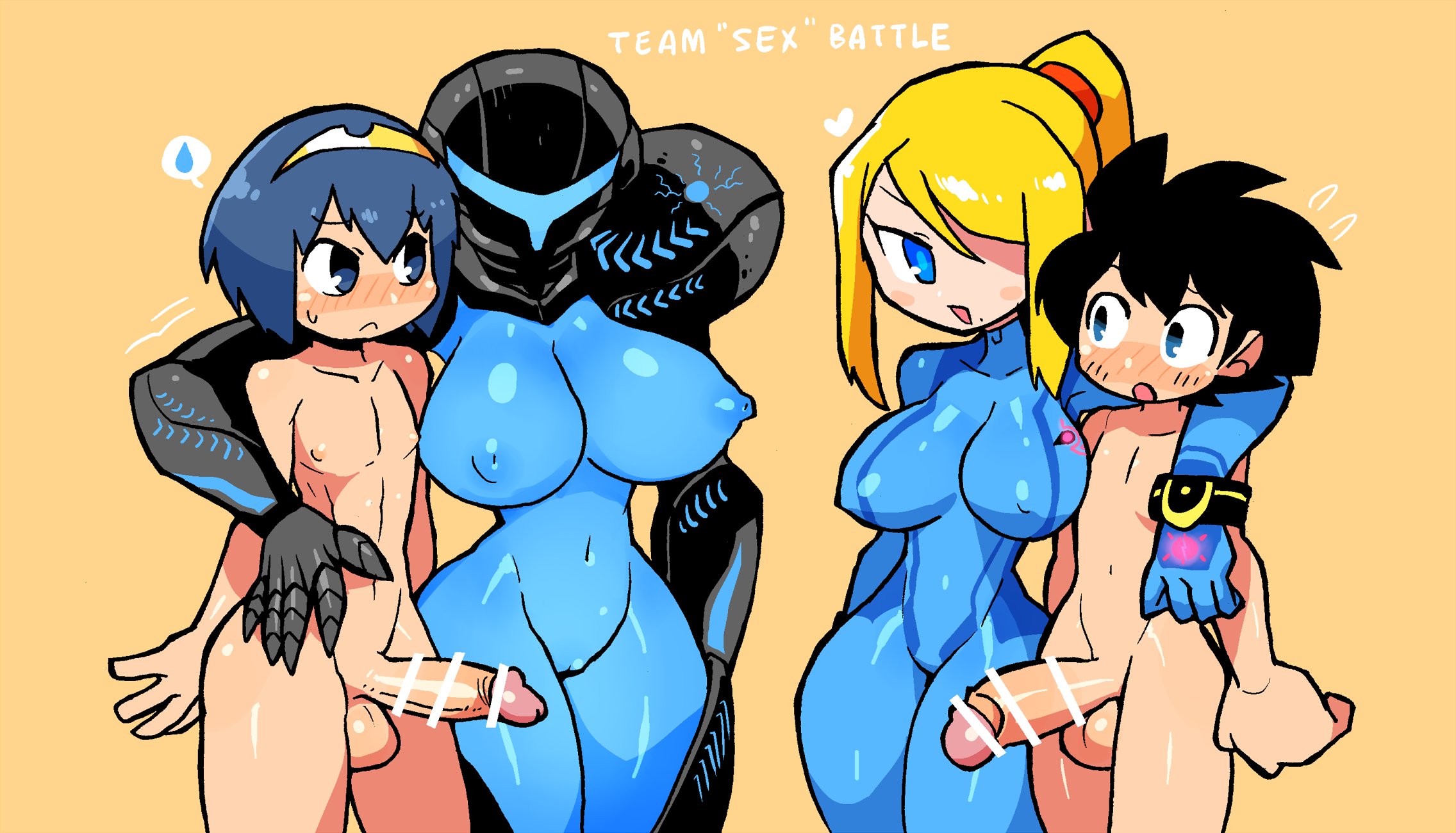 2boys, 2girls, areolae, armored dark samus, big breasts, big penis, blue eyes, breasts, censored, crap-man, crossover, dark samus, erection, female, femboy, femboy on female, fire emblem, fire emblem: mystery of the emblem, fire emblem: shadow dragon and the blade of light, girly, large breasts, male, marth (fire emblem), mega man, mega man (character), mega man (classic), metroid, naked, nipples, nude, penis, samus aran, super smash bros., trap, xenophilia, zero suit, zero suit samus