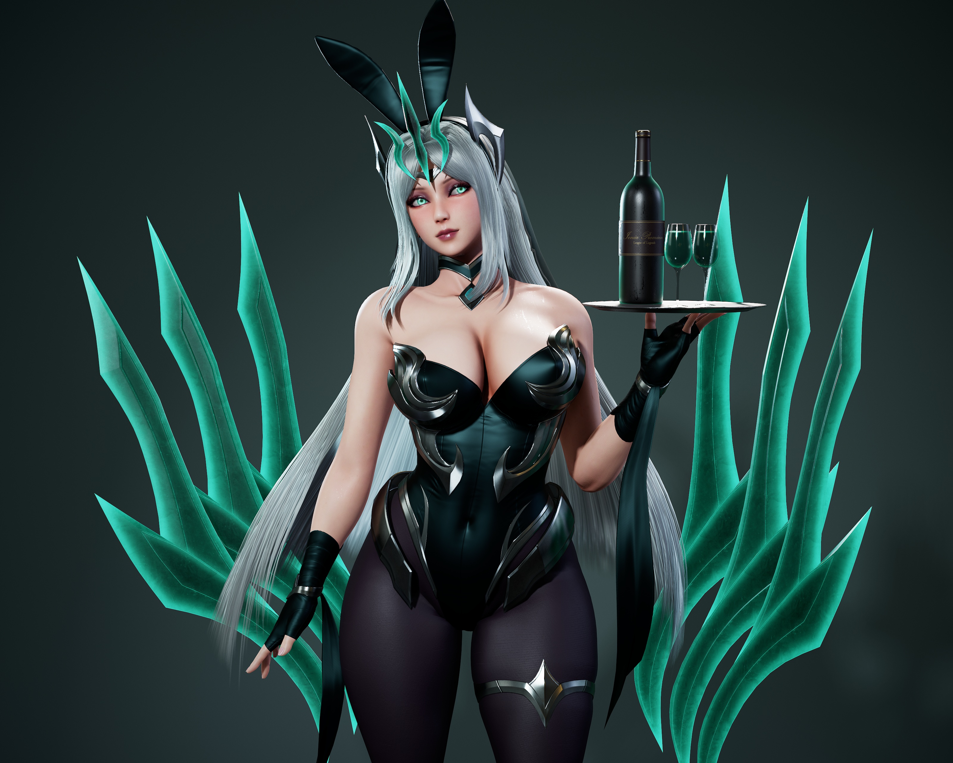 1girls, 3d, 3d (artwork), alcohol, battle bunny irelia, big breasts, blades, breasts, bunny ears, bunny girl, bunnysuit, choker, cleavage, female, female only, glowing eyes, green eyes, highres, irelia xan, league of legends, light skin, light-skinned female, long hair, looking at viewer, mind control, pale skin, pale-skinned female, pantyhose, powers, questionable, ruined king symbol, ryanreos, sfw, simple background, telekinesis, thick thighs, thighs, white hair, wine, wine glass