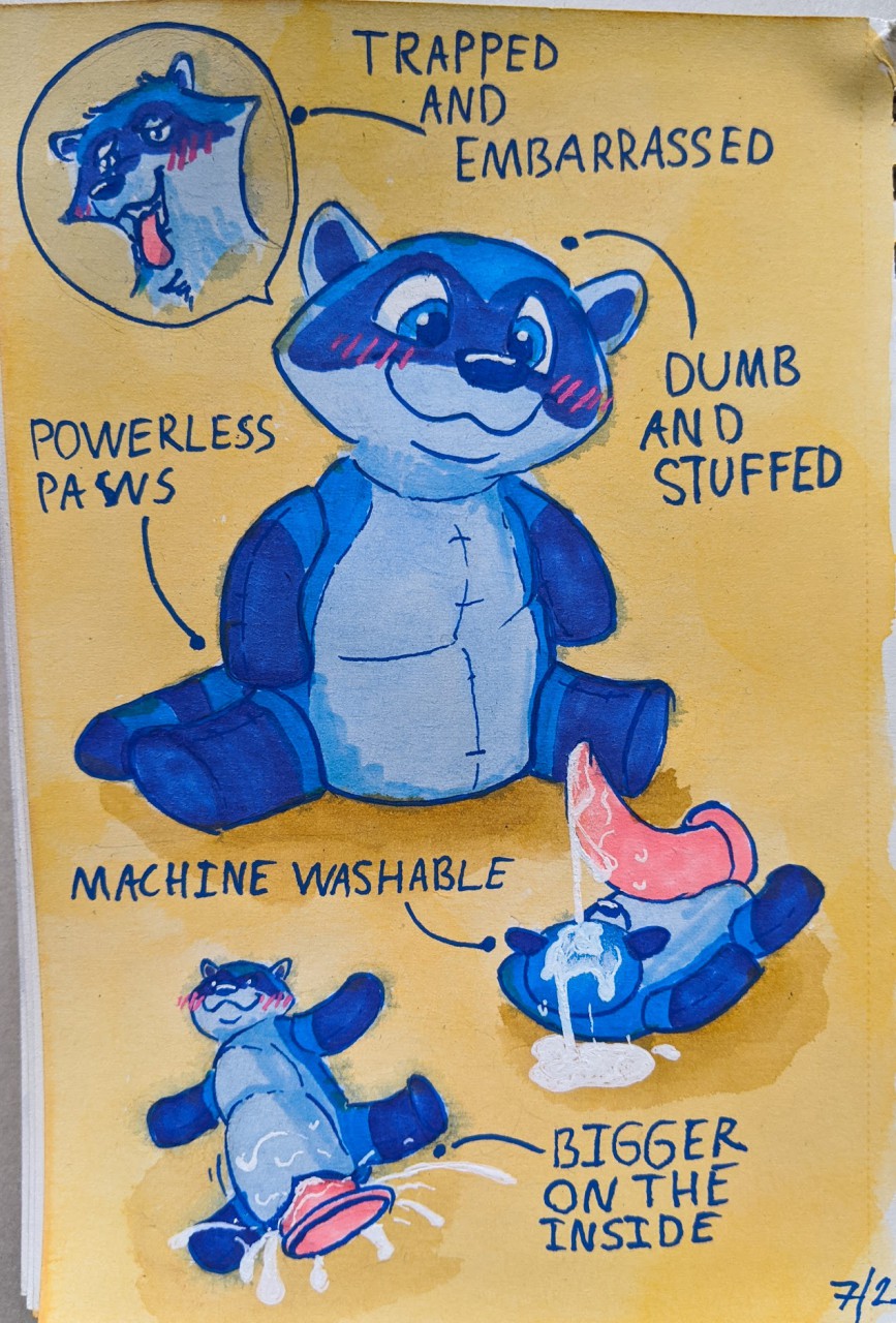 anthro blush bodily_fluids cum cum_while_penetrated embarrassed english_text genital_fluids hi_res male mammal penetration plush_stuffing plushie plushophilia procyonid raccoon sushiotter_(artist) text