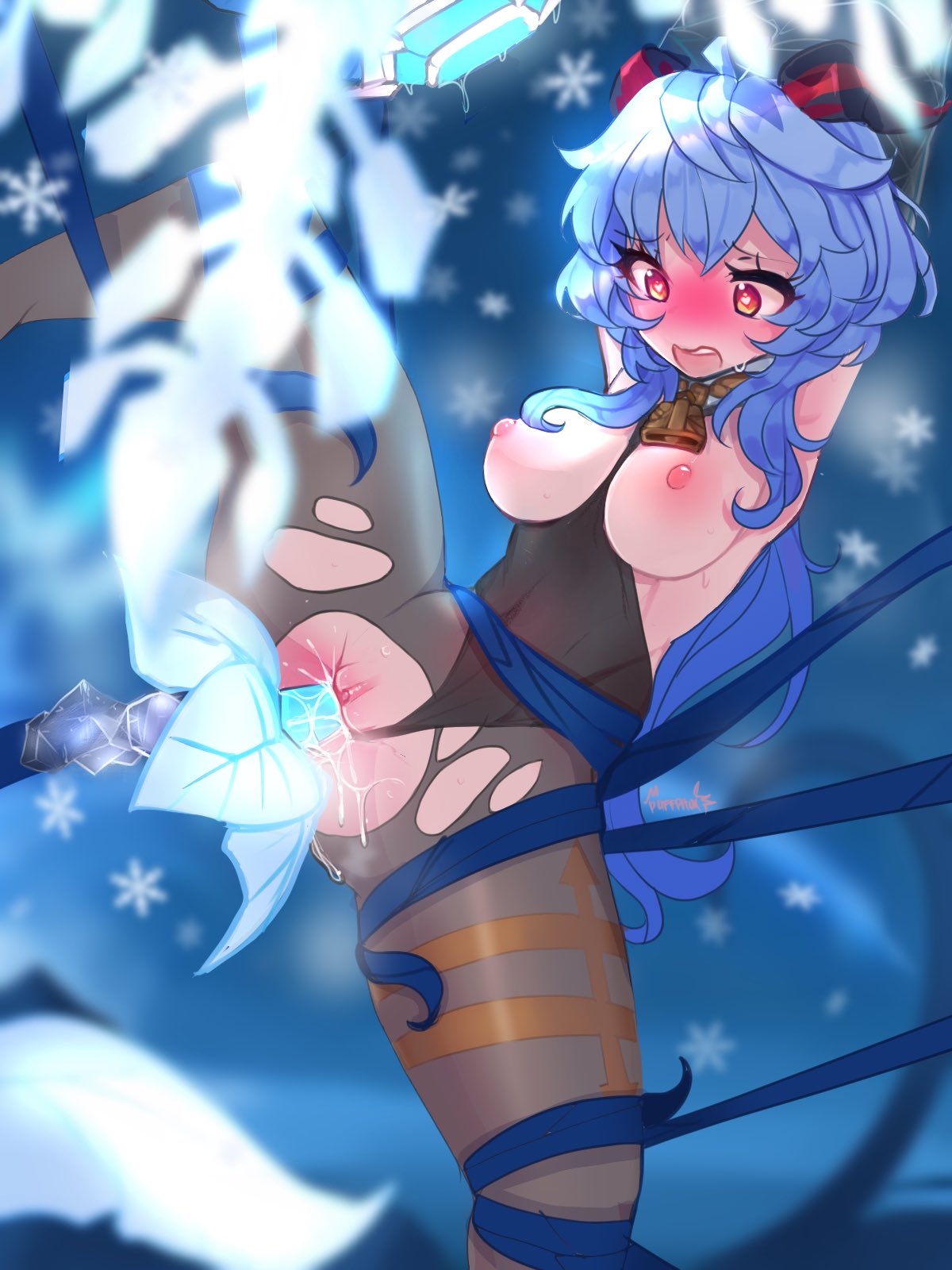 1girls, arms above head, arms up, blue hair, blush, breasts, female, ganyu (genshin impact), genshin impact, heart-shaped pupils, horns, puffphox, pussy, questionable consent, ripped clothing, spread legs, sweat, tentacle, tied up, uncensored, vaginal penetration, wide eyed