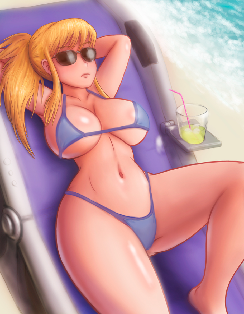 1girls armpits beach beach_chair bikini blonde_hair blue_bikini breasts brown-tinted_eyewear cleavage female female_only highleg_bikini large_breasts lemon metroid nintendo ponytail relaxing saf-404 saf_404 safartwoks safartworks samus_aran sitting solo sunbathing sunglasses swimsuit thick_thighs tinted_eyewear underboob video_game