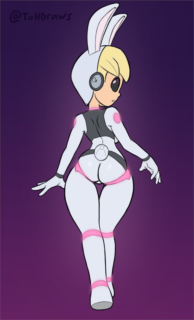 1girls, 2d, android, ass, blonde hair, buffy-sugo, bunny girl, color edit, female, robot girl, rocket league, solo, the other half