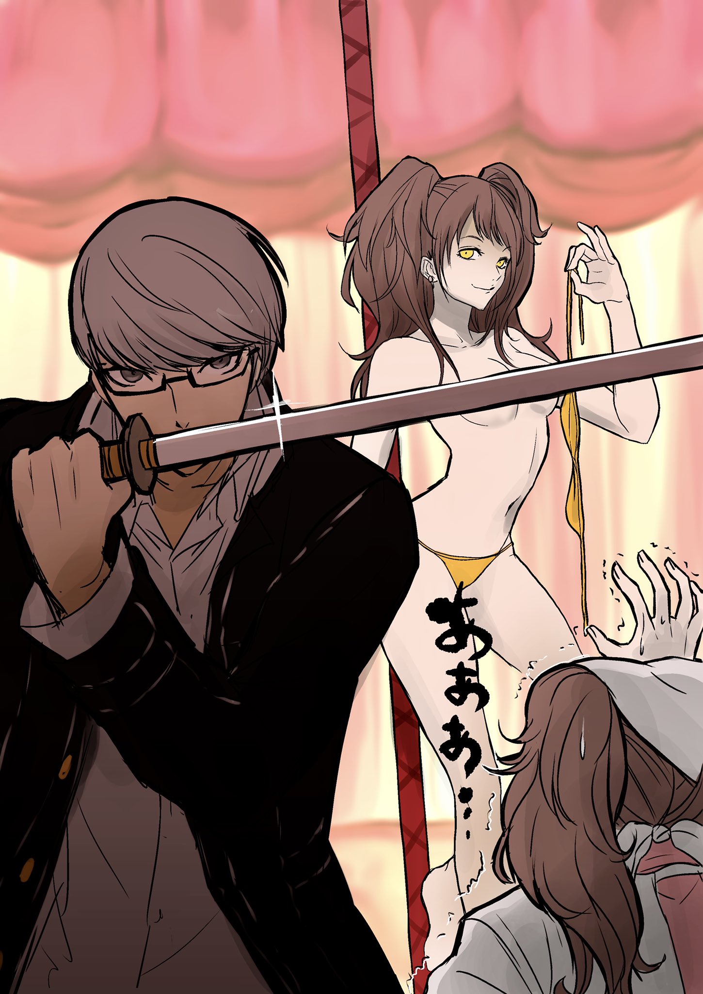 1boy, 2girls, artist request, atlus, bikini, bikini bottom, bikini top, bottomwear, brown hair, clothing, female, glowing eyes, human, kujikawa rise, male, narukami yu, persona, persona 4, shadow rise, shadow self (persona), swimsuit, swimwear, sword, topless, topwear, twintails, weapon