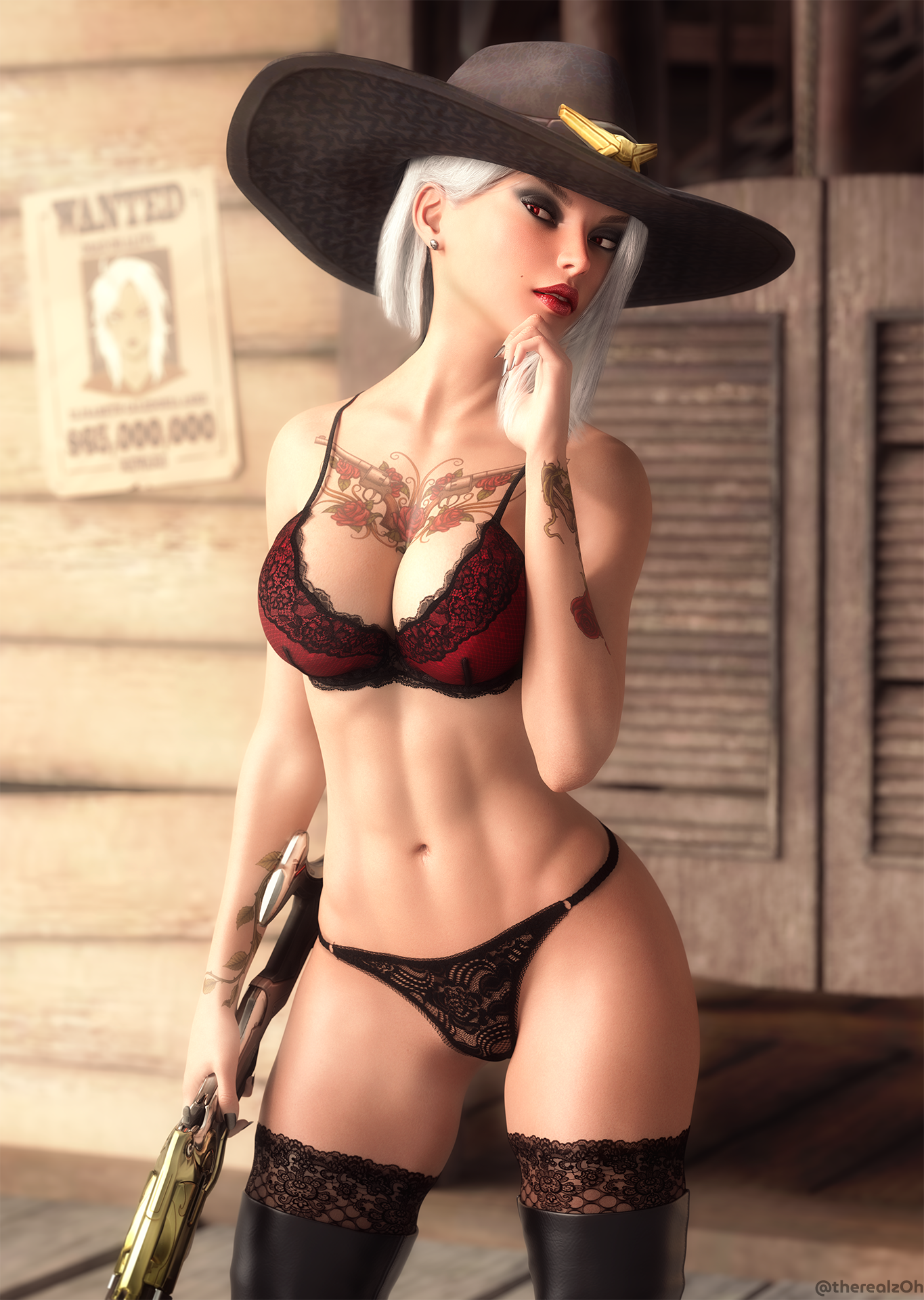 1girls, 3d, abs, ashe (overwatch), black lingerie, black thong, blizzard entertainment, bra, breasts, cleavage, cowboy hat, eyeshadow, female, hat, lace panties, large breasts, lingerie, lipstick, looking at viewer, overwatch, panties, red lingerie, solo, stockings, tattoo, tattoo on chest, therealzoh, thighhighs, thong, toned, white hair