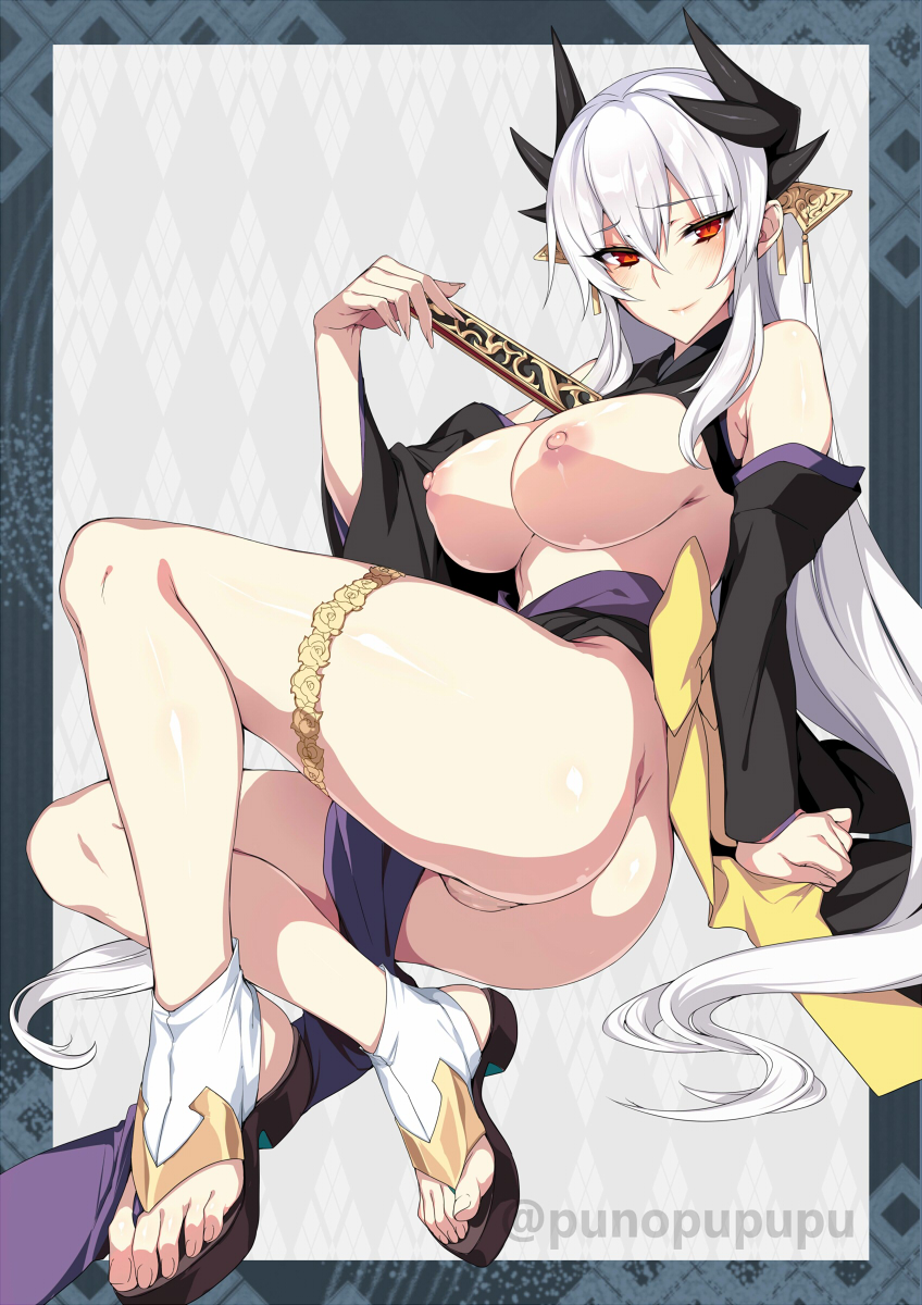 ass bangs blush breasts dragon_girl dragon_horns fan fate/grand_order fate_(series) female folding_fan hair_ornament highres horn horns japanese_clothes kiyohime_(fate) kiyohime_(fate/grand_order) large_breasts lips long_hair looking_at_viewer multi_horn nipples older open_clothes pussy red_eyes sandals smile solo white_hair zeroshiki_kouichi