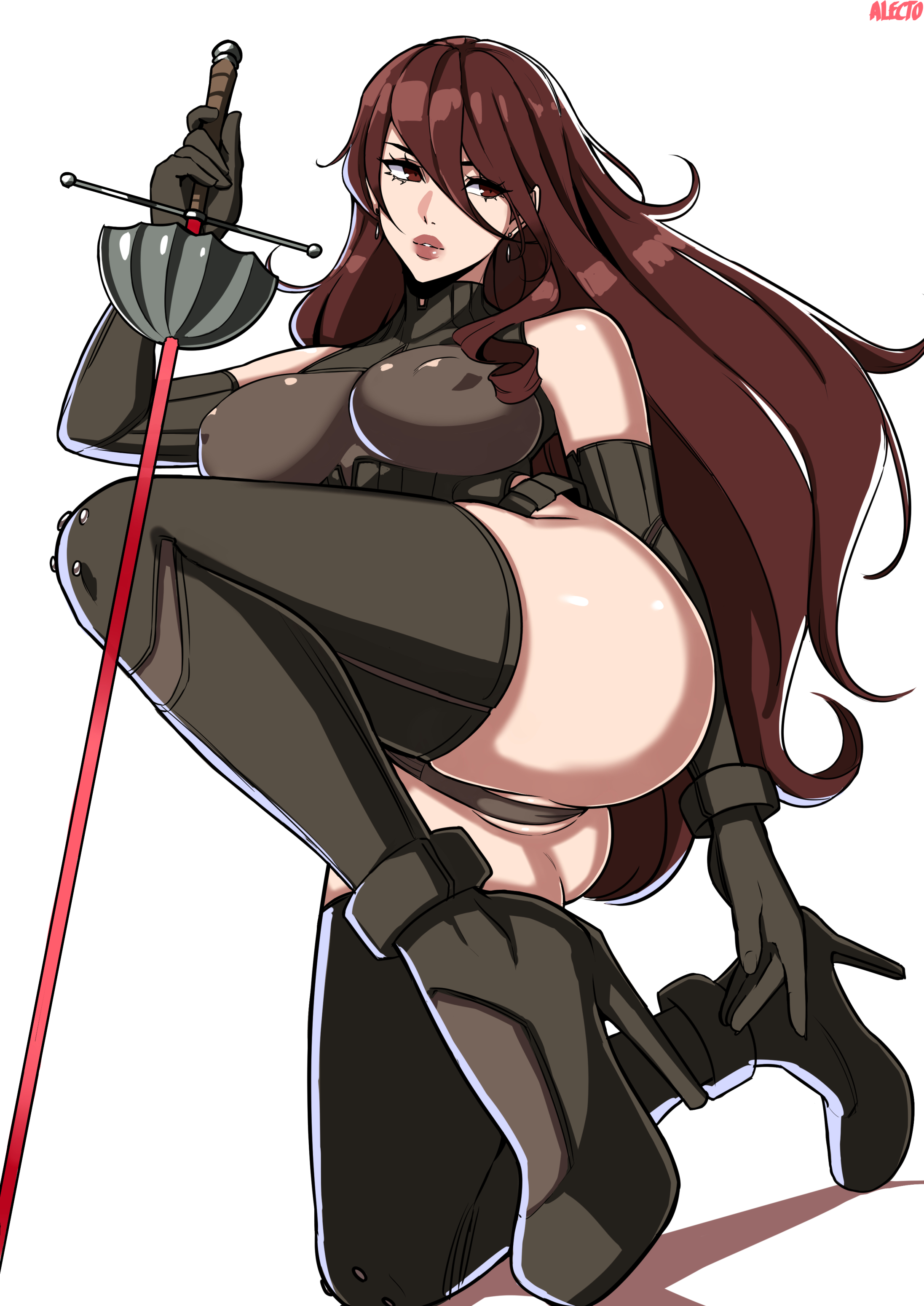 1girls, alecto 0, ass, atlus, female, heels, high heels, long hair, mitsuru kirijo, nipples visible through clothing, persona, persona 3, red hair, solo, sword