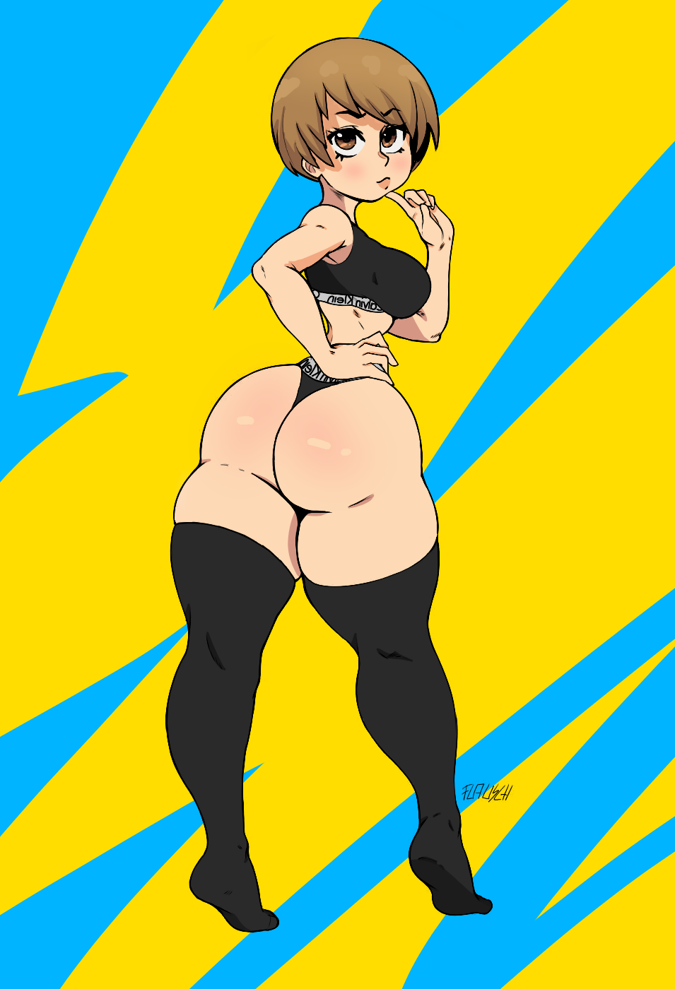 ass, big ass, briefs, calvin klein, color, edit, female, flauschdraws, footwear, human, persona, persona 4, satonaka chie, short hair, solo, sports bra, sportswear, thighhighs, tomboy, underwear, very short hair