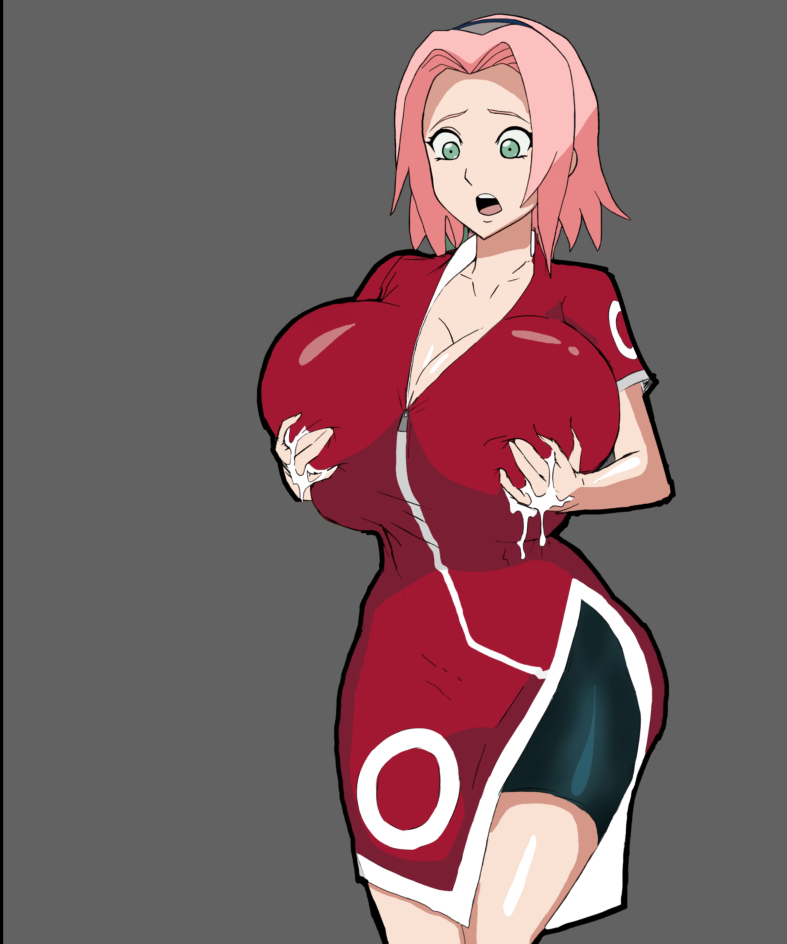 1girls, alternate breast size, breast hold, breasts, clothed female, female, female only, forehead mark, green eyes, headband, hourglass figure, huge breasts, human, lactation, large breasts, light skin, light-skinned female, maruzyrukun, naruto, naruto (classic), naruto (series), pale skin, pale-skinned female, pink hair, sakura haruno, short hair, solo, tight clothing