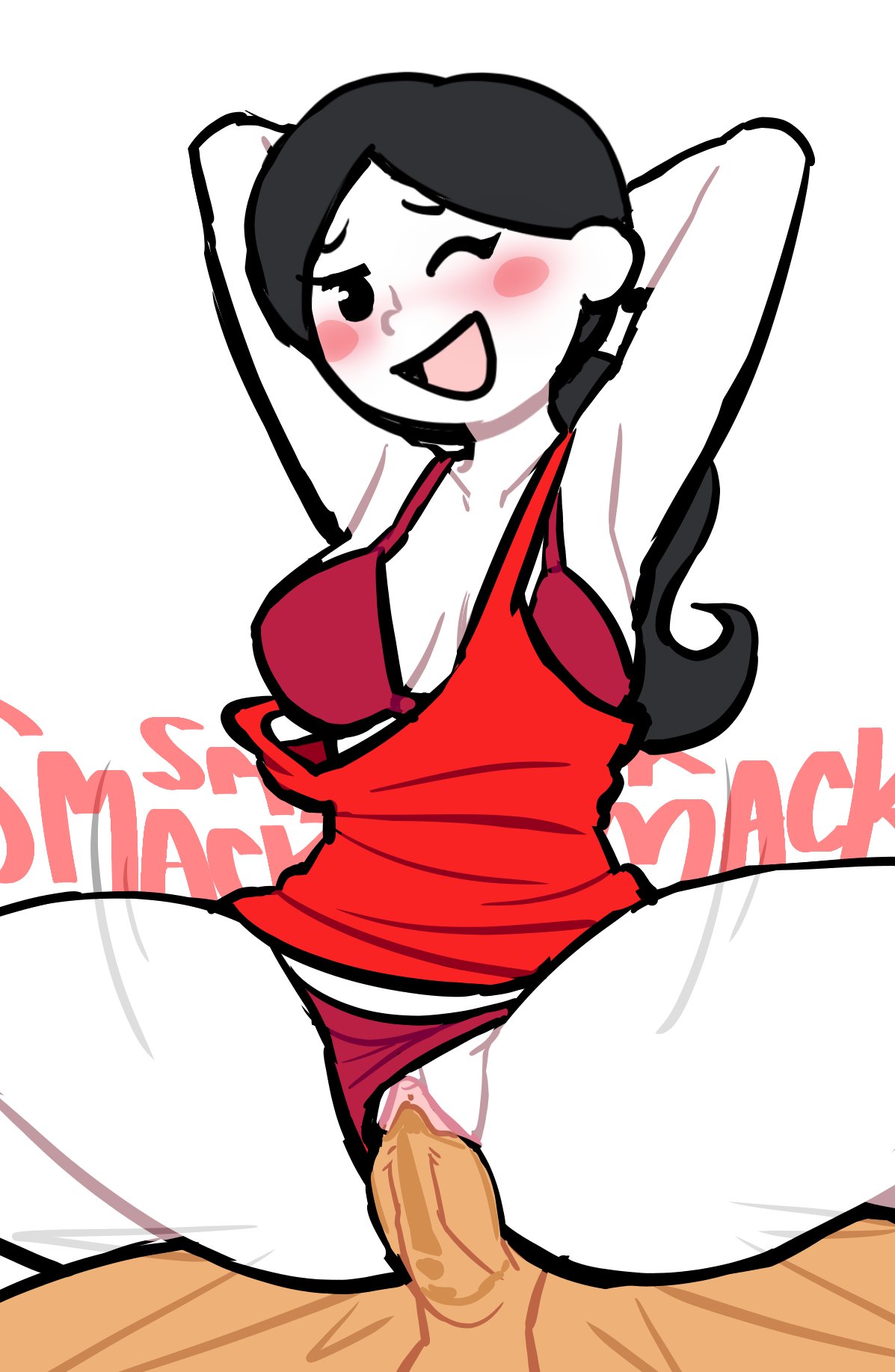 1boy, 1girls, 2026, black hair, blush, clothed female nude male, female focus, hands behind head, loose clothes, lovetopullmicke, one eye closed, onomatopoeia, panties aside, penis, ponytail, pussy, red bra, red dress, red panties, rhythm heaven, rhythm tengoku, sex, smile, vaginal penetration, white skin, yuka (rhythm tengoku)