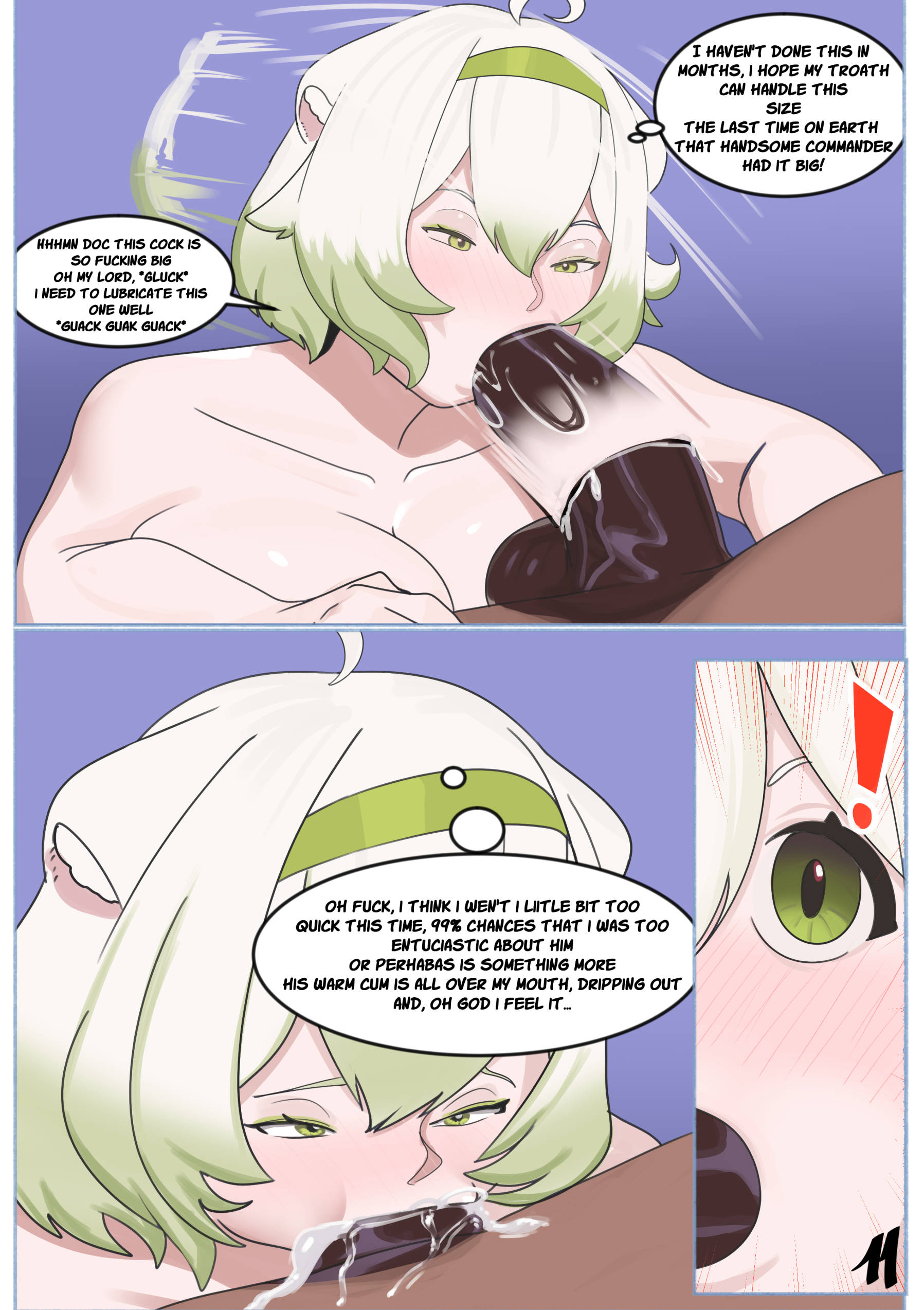 1boy, 1girls, all the way to the base, blowjob, cum, cum in mouth, cum in throat, dark skin, dark-skinned male, deepthroat, female, ferret ears, ferret girl, green eyes, green hair, hairband, indie virtual youtuber, laimu, laimu (2nd costume), large breasts, light skin, light-skinned female, male, nicoguer, nude, oral, short hair, sucking, sucking penis, throatpie, tits, virtual youtuber, white hair