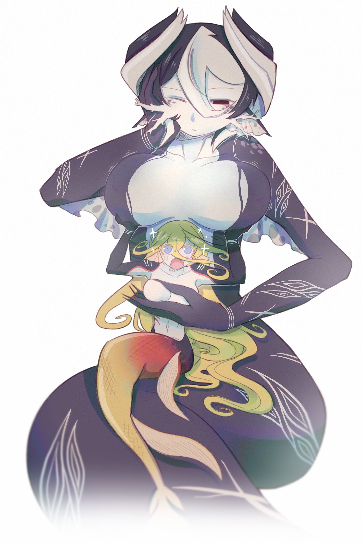 2girls, alternate species, big breasts, black and white body, black and white hair, black body, blonde hair, blush, body markings, breast grab, breast lift, breasts, curly hair, ear fins, female, female only, giantess, hair between eyes, long hair, lyza (made in abyss), made in abyss, merfolk, mermaid, nude, ozen, short hair, sitting on lap, sitting on person, size difference, two-tone hair, wide eyed, yuk iji, yuri