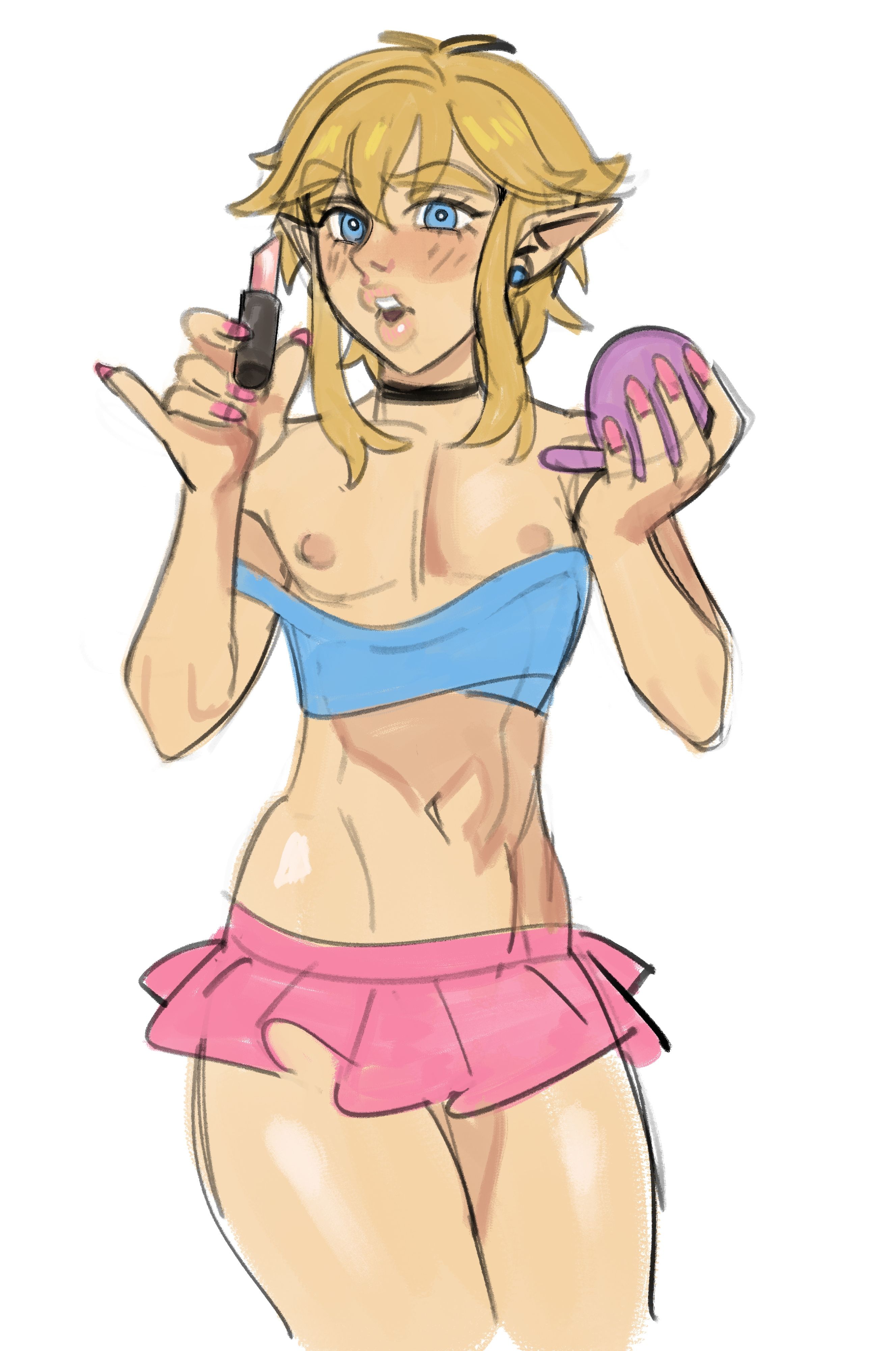 1boy, 1femboy, 2026, applying lipstick, applying makeup, bimbo, bimbo lips, blonde hair, blue eyes, blush, blushing, clothed, clothing, crop top, digital media (artwork), earrings, elf ears, femboy, femboy only, link, lips, lipstick, lyssahh, makeup, male, male only, nail polish, nipple slip, nipples, no visible genitalia, pink nails, pointy ears, revealing clothes, short hair, short skirt, skirt, solo, solo femboy, solo male, the legend of zelda, thighs, white background