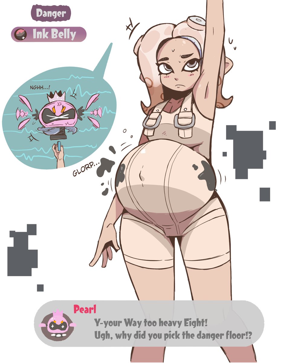 2024, agent 8 (splatoon), arbrianarchy, belly, belly button, belly expansion, embarrassed, embarrassed female, female, octoling, pearl (splatoon), splatoon, splatoon 2, splatoon 3, splatoon 3: side order