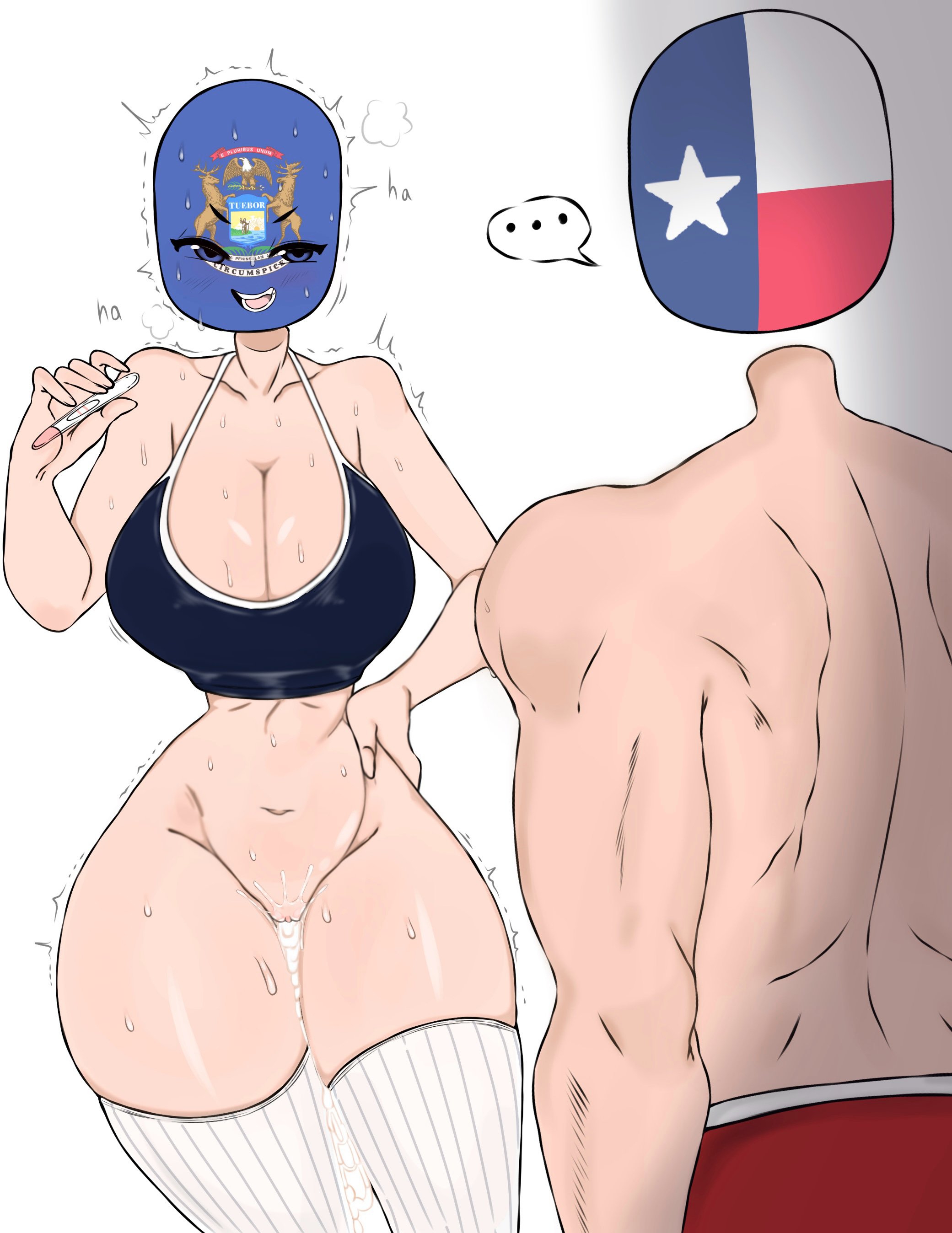 ..., 2026, big breasts, blue eyes, countryhumans, countryhumans girl, cum, cum drip, cum in pussy, cum inside, flawsy, hourglass figure, hourglass figured female, michigan (countryhumans), pale skin, pale-skinned female, pale-skinned male, pregnancy test, statehumans, statehumans girl, sweat, tagme, texas (statehumans), thick thighs, white background