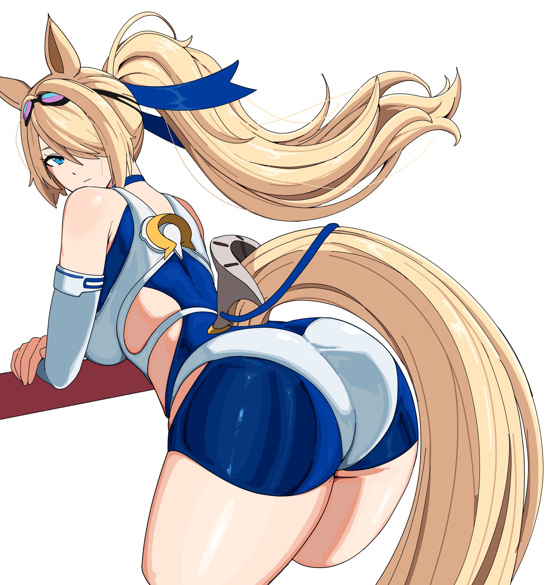 1girls, animal ears, ass, bent over, big ass, blonde hair, blonde tail, breasts, bubble butt, clothing, fat ass, female, female only, hair over one eye, horse girl, huge ass, large ass, octavius dp, official alternate costume, sigrid (zenless zone zero), sigrid de l'azur, sigrid de l'azur (majestic wavechaser), solo, swimsuit, tail, thick ass, thick thighs, wide hips, zenless zone zero