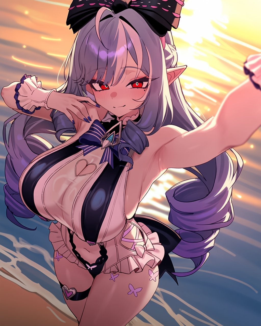 1girls, 2020s, 2026, 2d, 2d (artwork), 2d artwork, 5 fingers, armpit, beach, beach background, belly, belly button, big boobs, big breasts, big tits, big titties, boobs, bow, bow ribbon, breasts, butterfly, butterfly print, cleavage, cleavage cutout, clothed, clothed female, clothes, colored nails, curvy, curvy body, curvy female, curvy figure, digital drawing (artwork), digital media, digital media (artwork), ears, eyebrows, eyelashes, eyes, eyes open, female, female only, fingernails, fingers, girl, goth, goth girl, half naked, half nude, half-dressed, heart cutout, hips, hourglass figure, hourglass figured female, hoyoverse, human, human female, humanoid, light body, light skin, light skin female, light skinned, light-skinned female, long ears, long hair, long hair female, long nails, looking at viewer, mihoyo, mihoyo technology (shanghai) co. ltd., multicolored hair, nail polish, nails, nails painted, navel, no bra, no dialogue, no text, nude, nude female, painted fingernails, painted nails, partially clothed, partially nude, partially nude female, pointy ears, ponytail, ponytail female, ponytails, red eyes, red eyes female, retron, revealing clothes, revealing clothing, revealing outfit, revealing swimsuit, ribbon, ribbons, see-through, see-through clothes, see-through clothing, sexually suggestive, sexy, sexy body, sexy clothing, sexy female, side boob, sideboob, slim, slim female, slim girl, smile, smiling, smiling at viewer, suggestive, suggestive look, sunlight, sunset, swimsuit, swimwear, textless, thighs, tits, two-tone hair, video game character, video game franchise, vivian (zenless zone zero), vivian banshee, vivian banshee (iris of the shore), voluptuous, voluptuous body, voluptuous female, water, watermark, wristwear, zenless zone zero