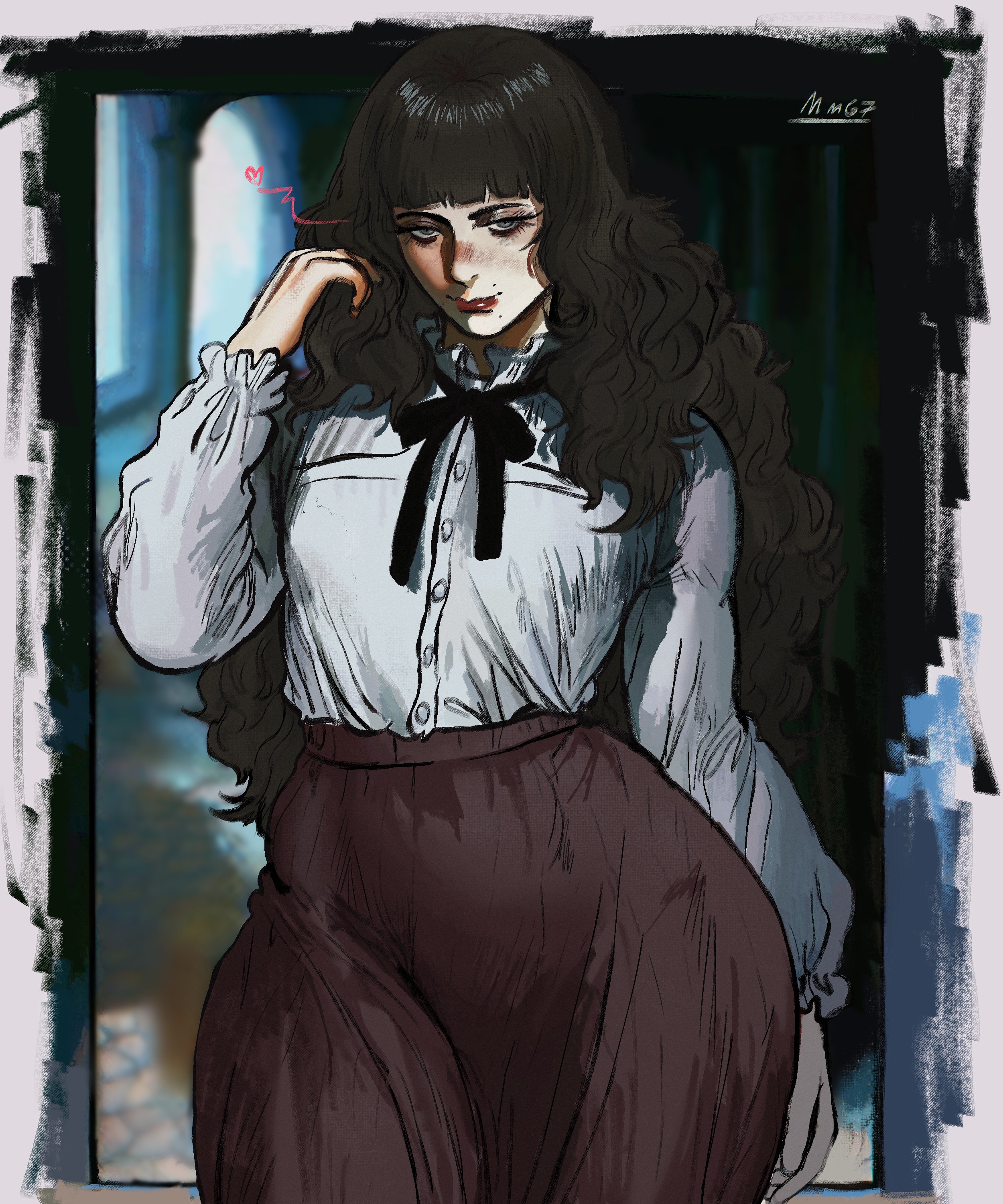 1girls, child bearing hips, clothed, clothed female, clothing, dress, fear and hunger, fear and hunger: termina, female only, flat chest, fully clothed, heart, hips, long hair, marina (fear and hunger), monstermommys67, pale skin, red lipstick, solo, solo female, thick, thick thighs, thighs, wide hips