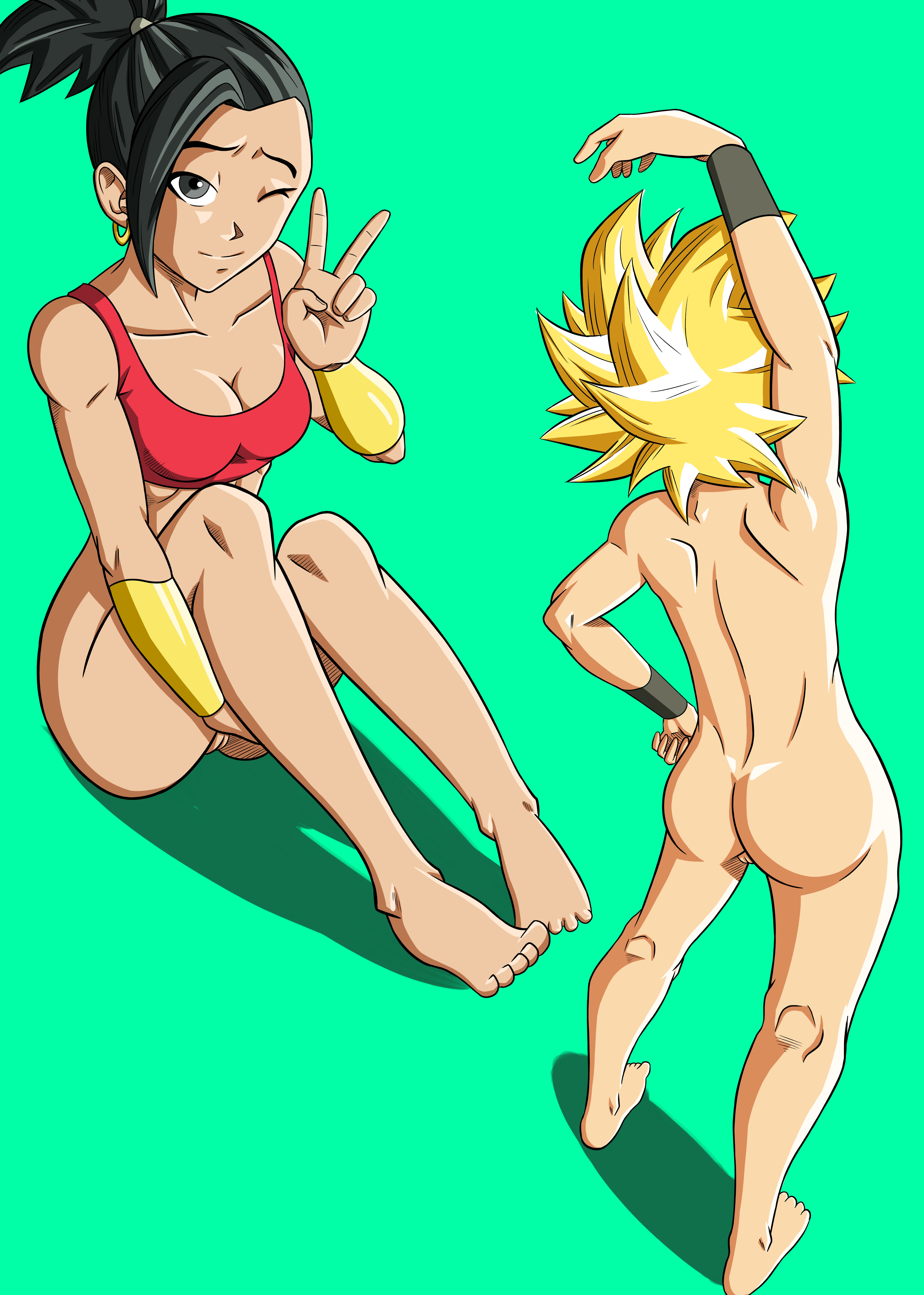 2girls, blonde hair, breasts, caulifla, dragon ball, dragon ball super, female, female only, green eyes, kale, light skin, light-skinned female, long hair, multiple females, multiple girls, saiyan, spiky hair, super saiyan