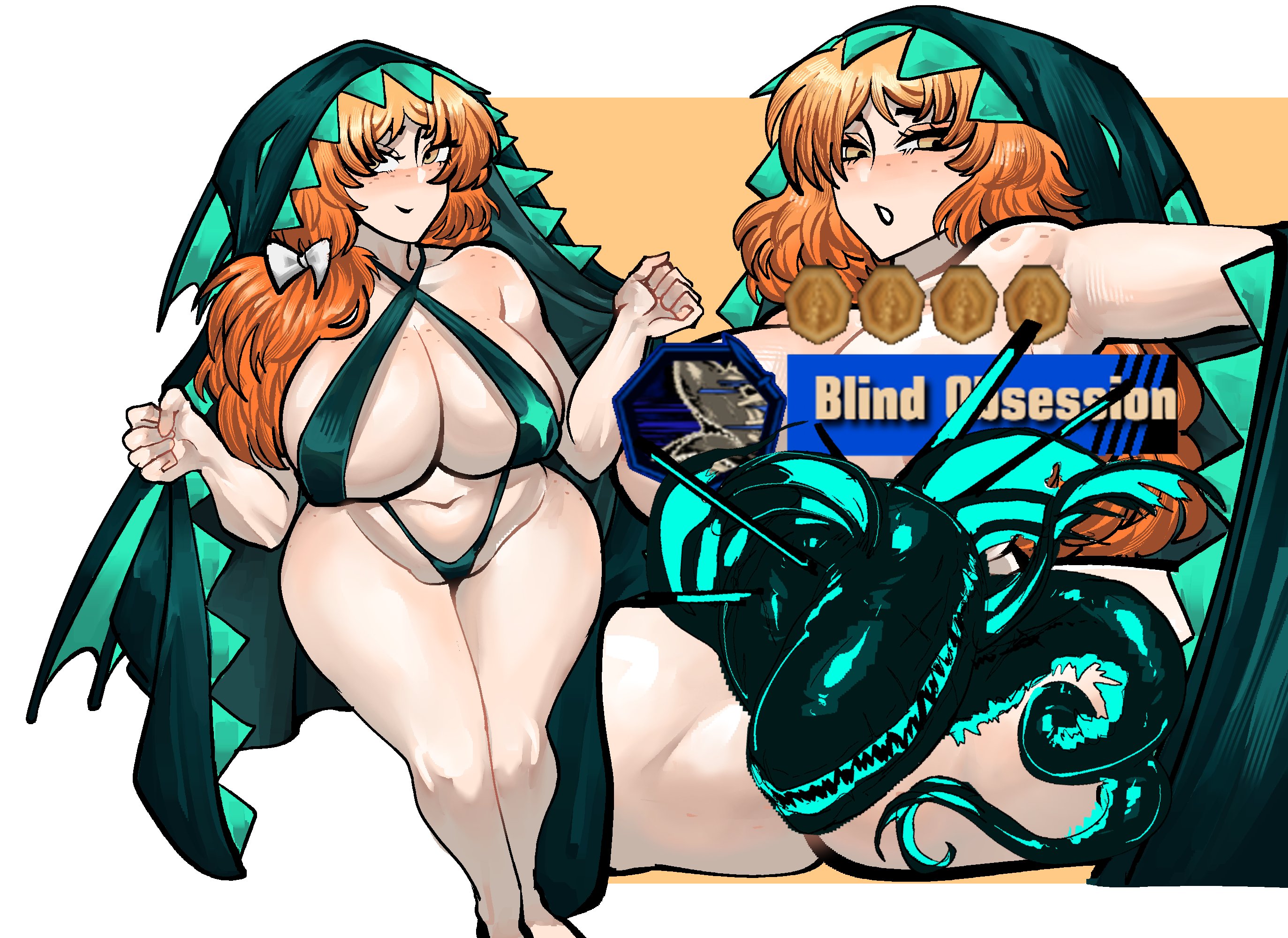 1girl, 1girls, 2d, 2d (artwork), abnormality (project moon), almost naked, alternate body type, alternate breast size, alternate version available, big boobs, big breasts, big tits, bikini, blind obsession ishmael (limbus company), blush, blushing, boobs, boobs bigger than head, breasts, breasts bigger than head, censored, coat, color, colored, curvaceous, curvaceous body, curvaceous female, curvaceous figure, curves, curvy, curvy body, curvy female, curvy figure, curvy hips, e.g.o (project moon), eclipseecliptus, female, female focus, female only, freckles, freckles on shoulders, glistening, glistening body, glistening skin, hazel eyes, high resolution, highres, hips, hips wider than shoulders, ishmael (limbus company), legs, light skin, light-skinned female, limbus company, nearly nude, nipples covered, orange hair, pose, posing, project moon, ribbon, sexy, sexy body, sexy female, sexy pose, sexy woman, simple background, sling bikini, solo, solo female, solo focus, stomach, swimwear, thicc, thick, thick hips, thick legs, thick thighs, thighs, thighs bigger than head, tits, tummy, voluptuous, voluptuous body, voluptuous female