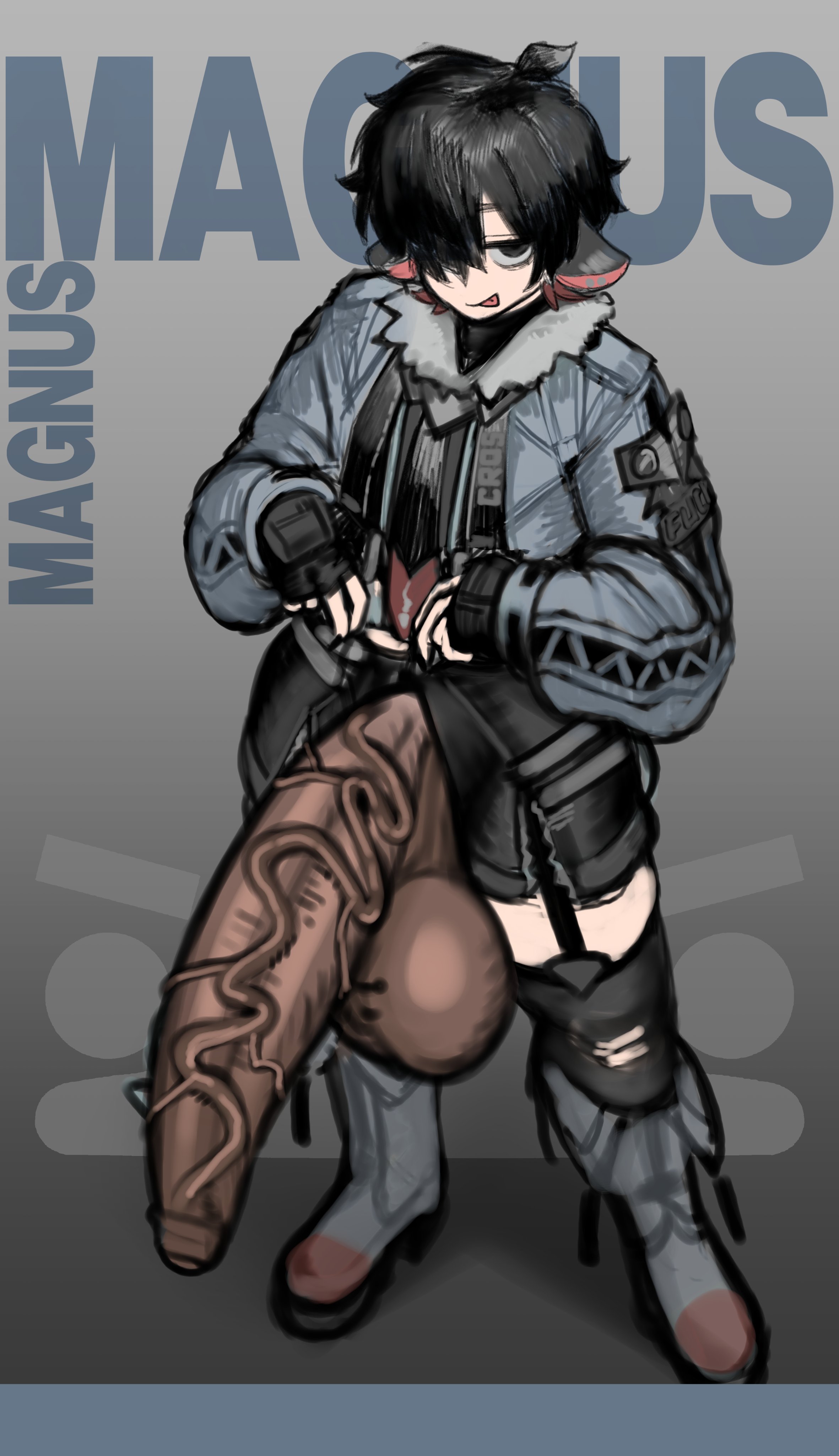 1boy, 2026, 2d, 2d (artwork), 2d artwork, black hair, black hair male, clothed, clothed male, clothing, color, colored, cosplay, darkened genitalia, femboy, genderswap, jane doe (zenless zone zero) (cosplay), magnus (mctamagomaki), male, male focus, male only, mctamagomaki, original, penis, penis out, penis out of pants, rat, rat boy, rat ears, rat tail, small but hung, solo, solo focus, solo male, tongue, tongue out, twink, zenless zone zero