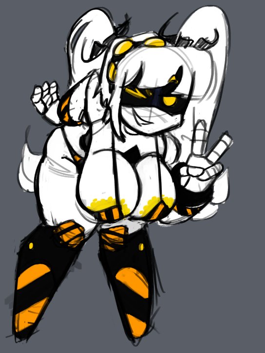 alternate version at source, areolae peeking, big breasts, bikini, female, female only, glitch productions, j (murder drones), murder drones, robot, robot girl, white hair, yellow areola, yellow eyes