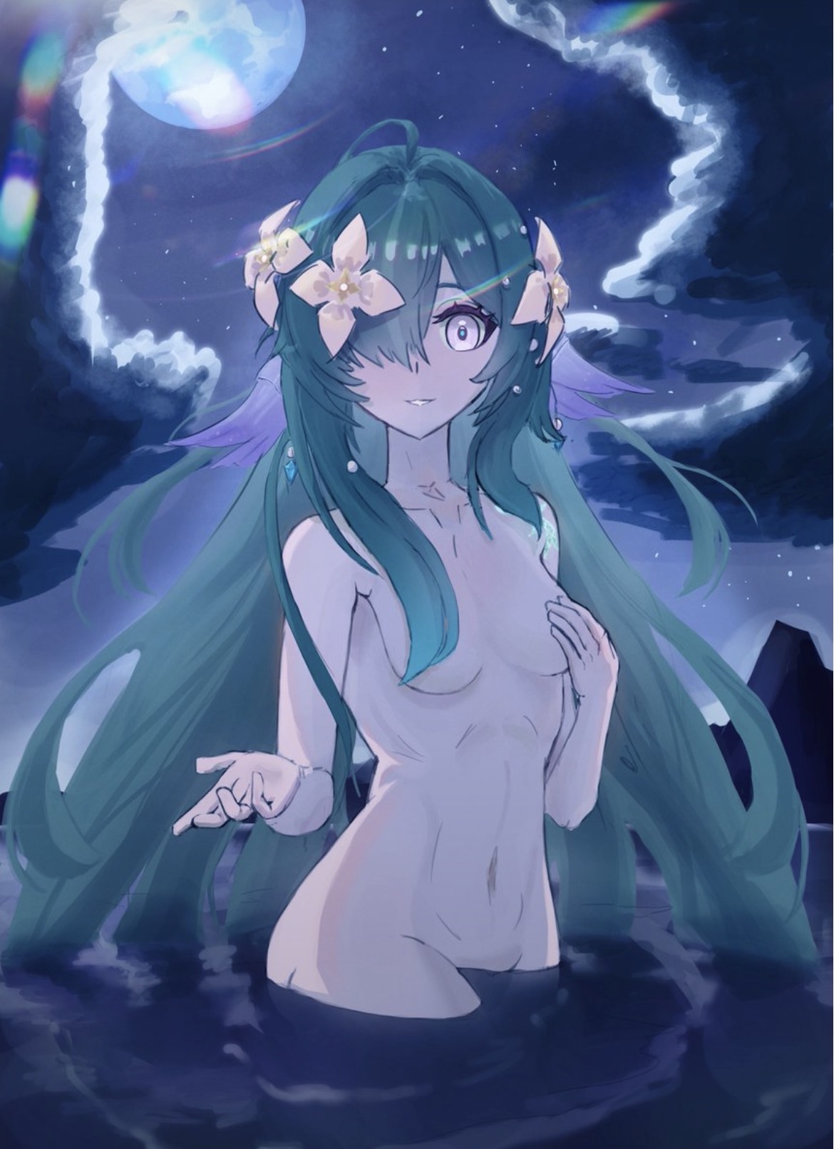belly, belly button, convenient censoring, female, flowers, flowers in hair, genshin impact, green hair, hair censor, hair covering breasts, hair over one eye, hand covering breasts, hand on breast, hips, in water, lens flare, long hair, midriff, night sky, petite, petite female, reaching out to viewer, small breasts, very long hair, vodyanitsa (genshin impact), water, water censor
