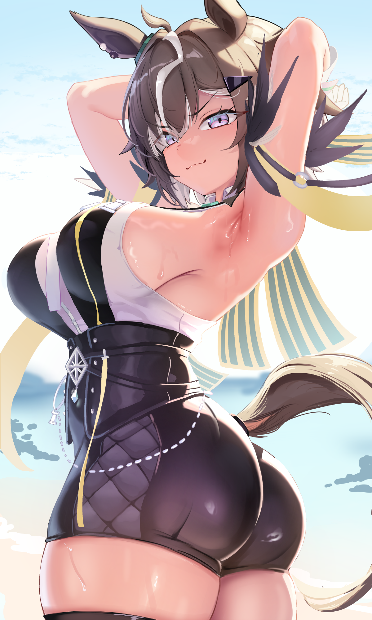 1girl, armpits, arms behind head, arms up, ass, blue eyes, brown hair, closed mouth, large breasts, looking at viewer, multicolored hair, rulership (umamusume), short hair, sideboob, smile, solo, thick thighs, umamusume, umamusume pretty derby, white hair, zzo0
