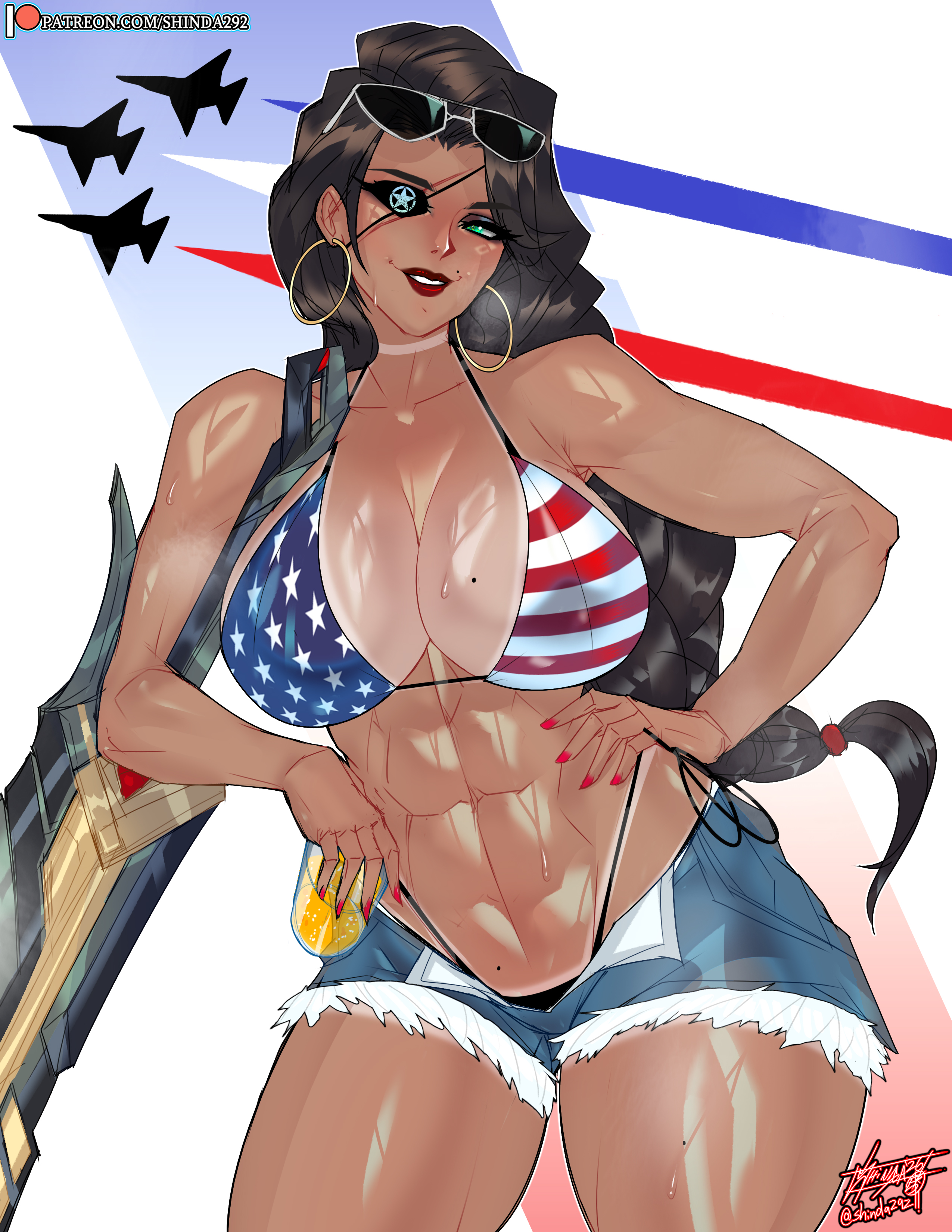 1girls, abs, american flag bikini, american flag bikini top, american flag print, bikini, black hair, breasts, breasts bigger than head, child bearing hips, curvaceous, curvaceous body, curvaceous female, curvaceous figure, curvaceous hips, curvaceous thighs, eyebrows visible through hair, eyelashes visible through hair, eyepatch, female, female abs, green eyes, gun, hi res, highres, holding glass, hoop earrings, hoop earrings oversized, huge breasts, jean shorts, jet fighter, league of legends, long hair, looking at viewer, milf, mole above mouth, mole on breast, mole on crotch, muscular, muscular arms, muscular female, muscular thighs, riot games, samira (league of legends), shinda292, short shorts, shorts, simple background, solo, solo female, sunglasses, sunglasses on head, sweat, sweatdrop, sweaty abs, tanline, tanline peek, thick thighs, viewer pov, waifu, weapon