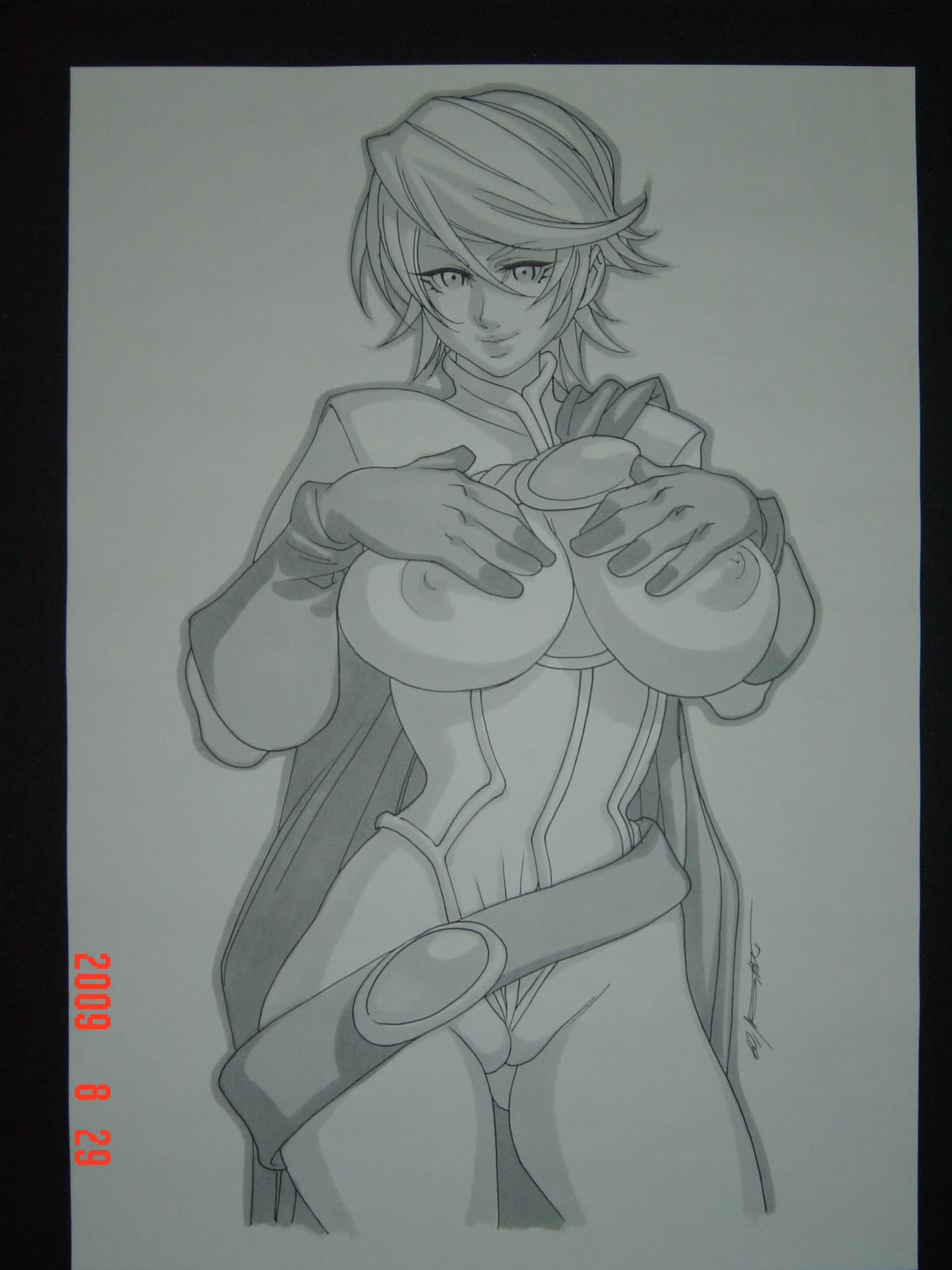 1girls 2009 breasts breasts_out daikon_(artist) dc dc_comics female female_only kara_zor-l karen_starr monochrome power_girl solo tagme