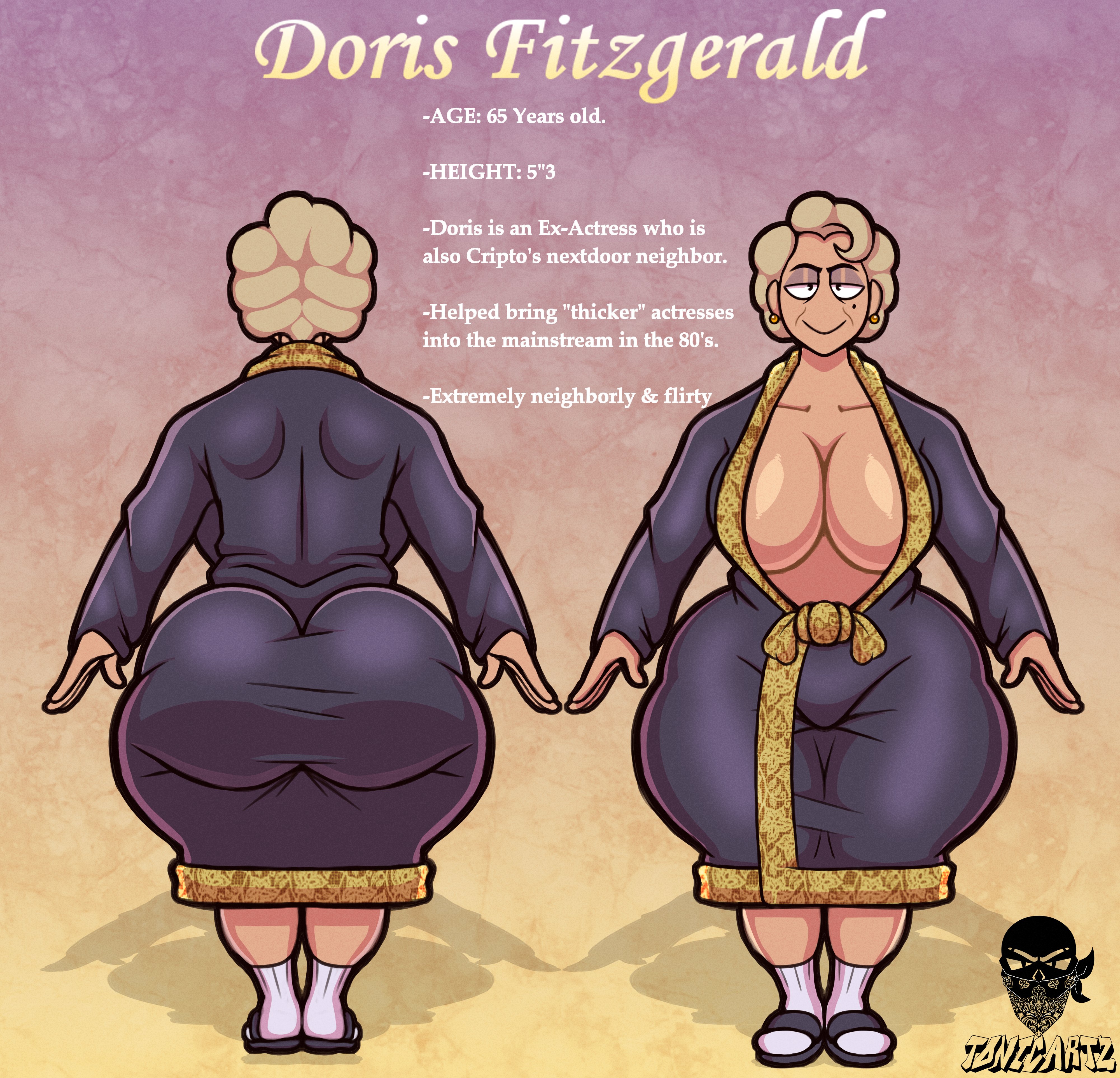 ass, big ass, big breasts, big butt, blonde female, blonde hair, breasts, butt, character profile, cleavage, earrings, female, female only, gilf, large ass, large breasts, large butt, light skin, light-skinned female, robe, robe only, sandals, socks, tagme, tonicartz