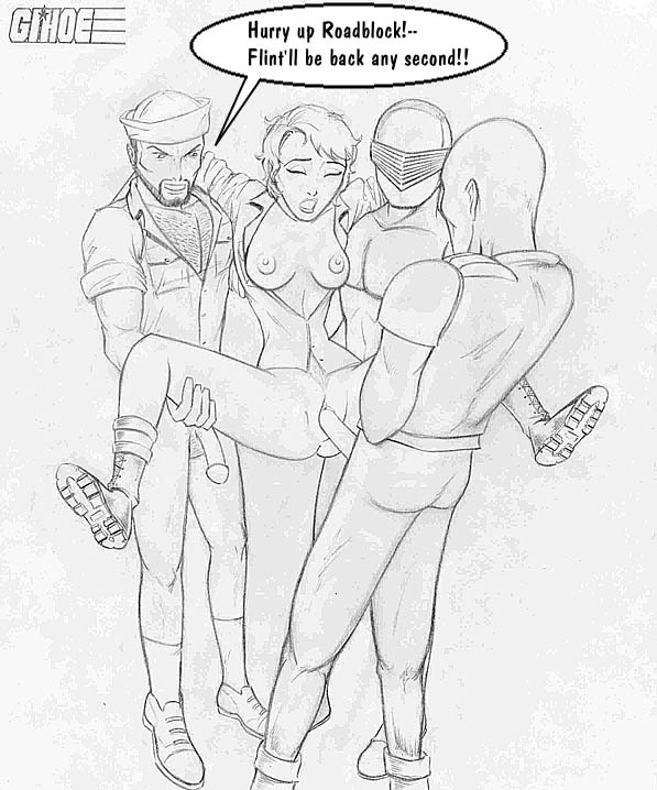 1girls 3boys big_breasts bigdaddy boots bottomless breasts foursome g.i._joe interracial lady_jaye legs_held_open monochrome open_shirt roadblock sailor_cap sex shipwreck_(g.i._joe) snake_eyes_(g.i._joe) suspended_congress