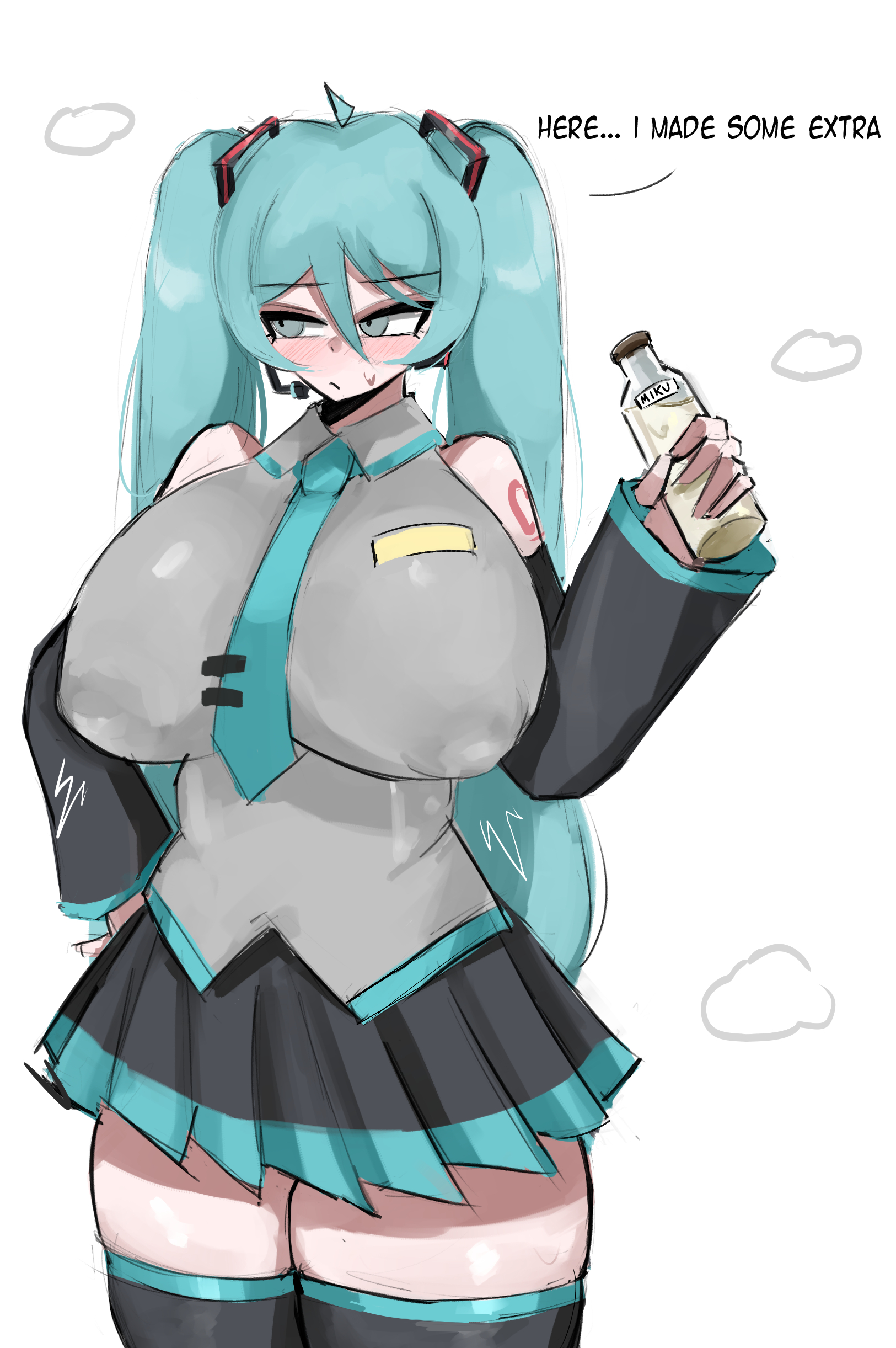 :/, aroused, averting eyes, blush, bottle, doubleuww1, fully clothed, hatsune miku, holding bottle, huge breasts, in heat, lactation, lactation through clothes, looking away, milk, milk bottle, nipple bulge, shy, steam, vocaloid
