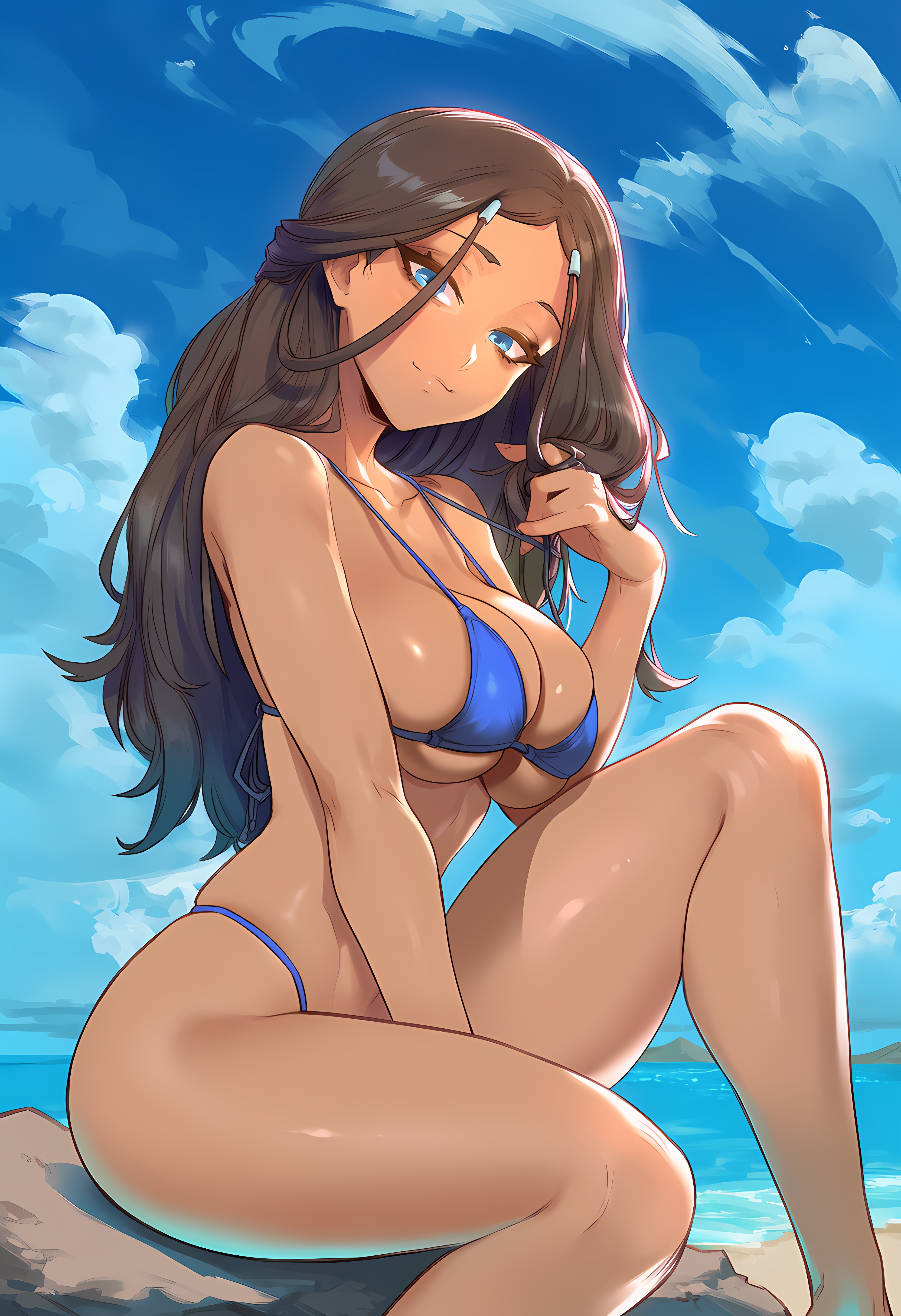 1girls, ai generated, aksn, arched back, arm up, avatar the last airbender, beach, bikini, blue eyes, brown hair, bubble butt, day, female, female only, hair ornament, hourglass figure, katara, large breasts, long hair, narrow waist, nude female, ocean, posing, posing for the viewer, sand, sideboob, sitting, sitting on rock, smirk, solo, sunlight, water