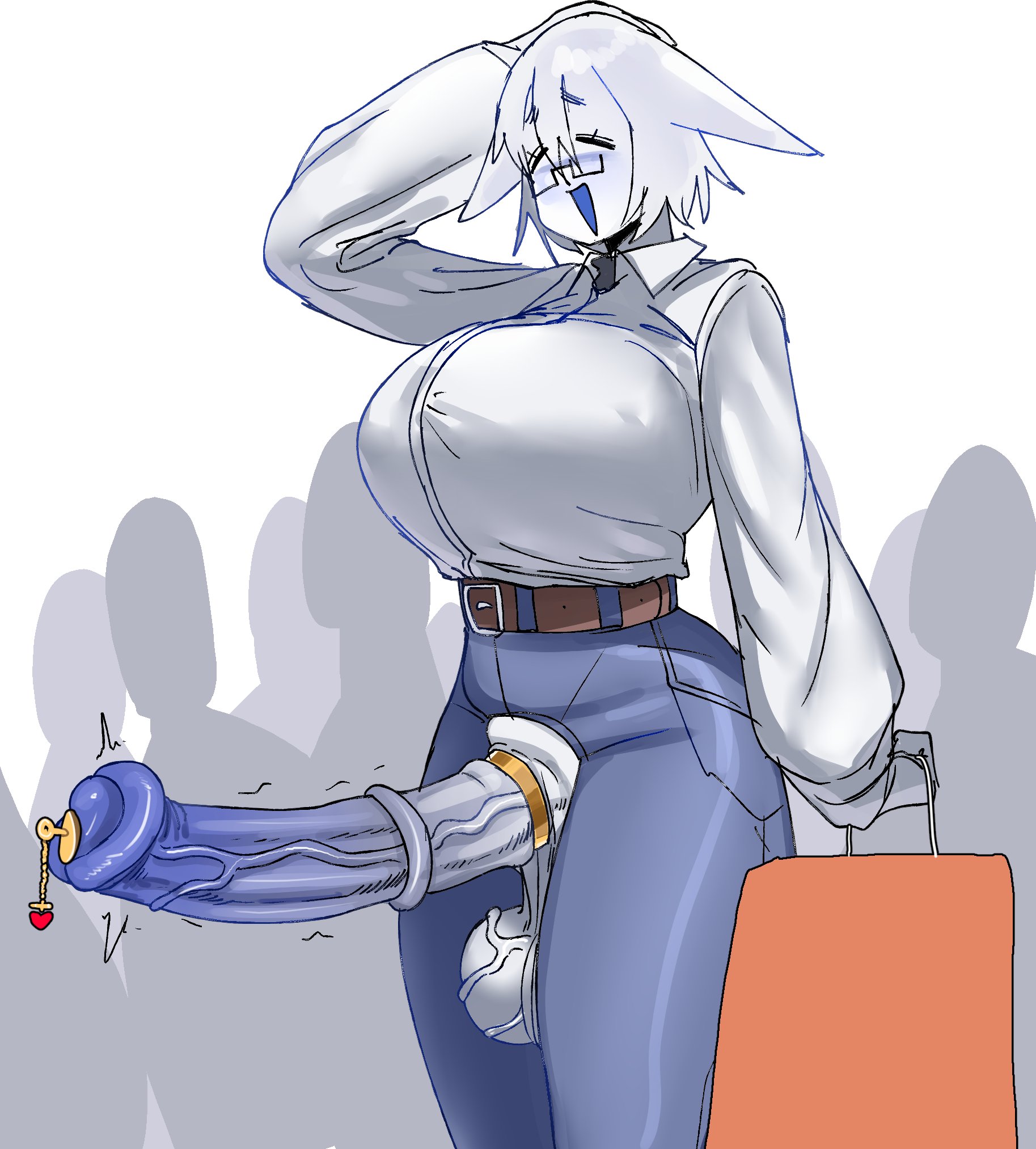 1futa, balls, big balls, big breasts, big penis, blue penis, breasts, casual, casual exposure, cock ring, crowd, eyelashes, futa focus, futanari, glasses, highres, horsecock, horsecock futa, humanoid, jeans, large penis, motion lines, object in urethra, penis, public, public exposure, saggy balls, smiling, solo, solo futa, sounding, twitching penis, urethral plug, veiny balls, veiny penis, venosdoart, voluptuous futa, white hair, white skin