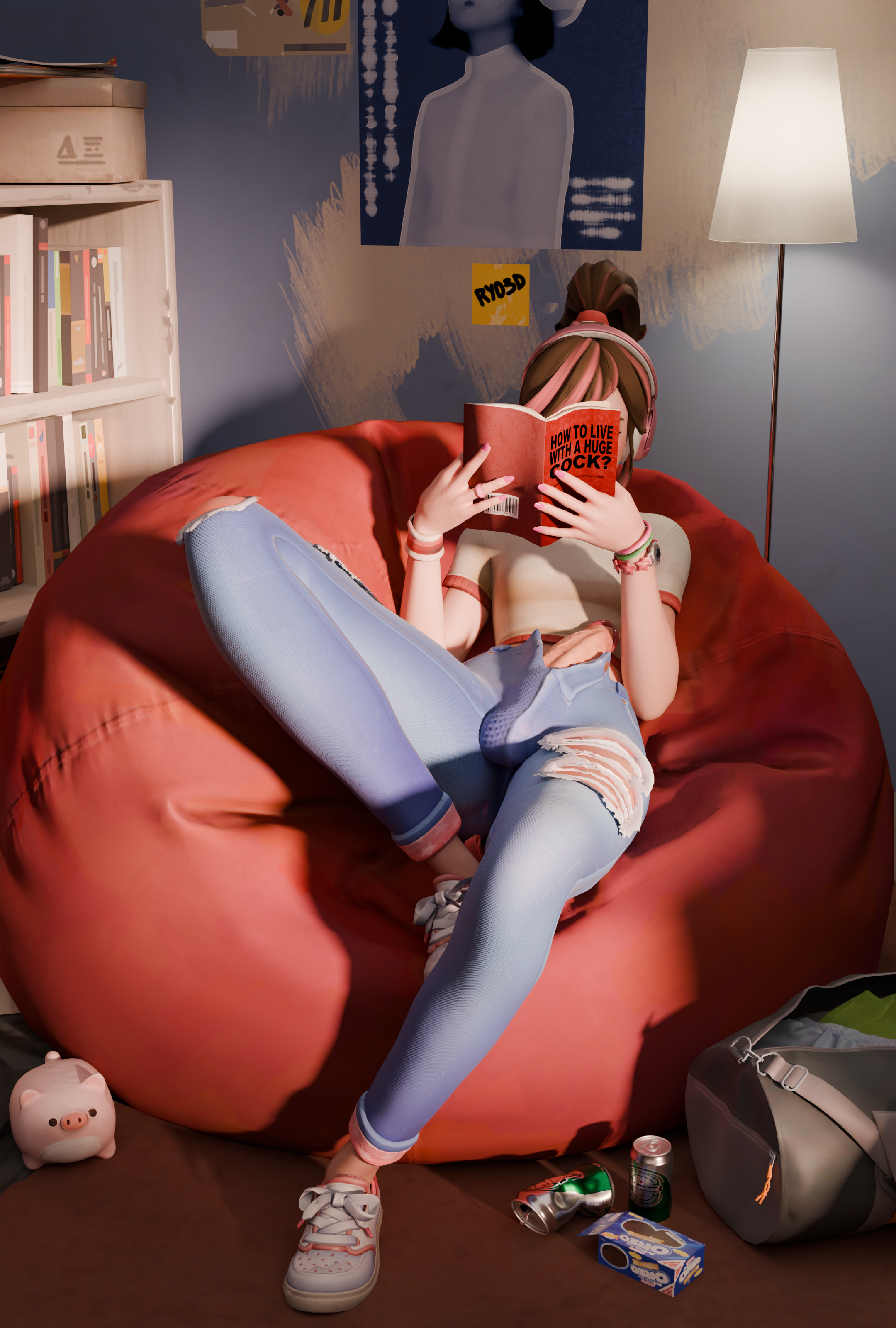 1futa, 1futanari, 3d, balls, big dick, big penis, blender, blender (artwork), blender (software), blender cycles, blender cycles (artwork), blizzard entertainment, bulge through clothing, cardboard d.va, cock, crop top, cute, cute futa, d.va, d.va (overwatch), dickgirl, digital media (artwork), futanari, futanari only, girly, huge cock, medium penis, overwatch, overwatch 2, plush toy, ponytail, reading, reading magazine, ripped jeans, roommate, ryo3d, sexy, skinny jeans, small breasts, solo, solo futa