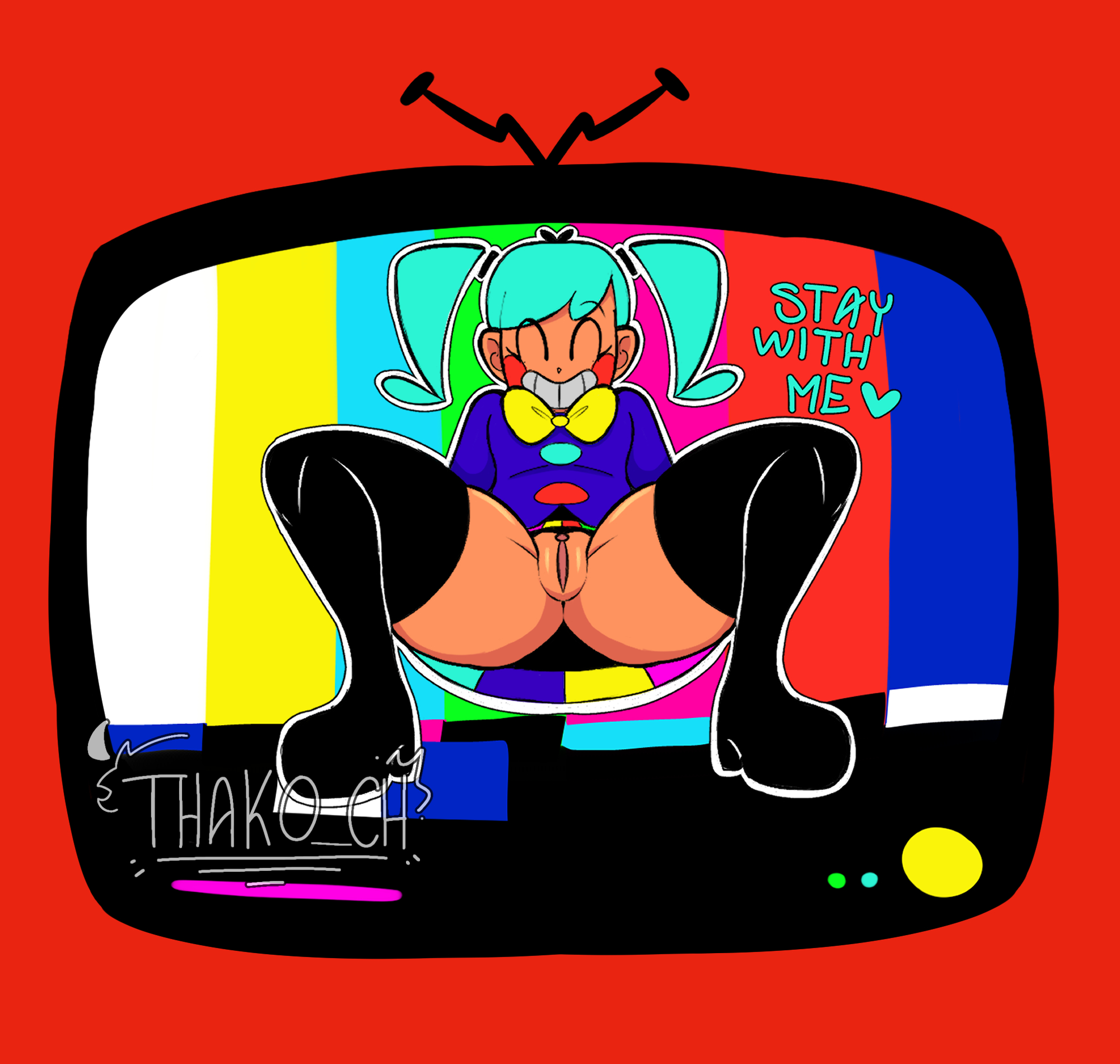 aqua hair, bean smile, black boots, boots, bowtie, bright colors, closed eyes, clothed female, dark skin, dark-skinned female, female, female focus, flavor foley, happy, hatsune miku, hatsune miku (static), pussy, red background, rosy cheeks, self upload, short hair, showing off, showing pussy, simple background, smiling at viewer, solo focus, static (flavor foley), teeth, test card, thako ch, thigh boots, thigh highs, toothy grin, tv, tv screen, twintails, vocaloid, wide hips